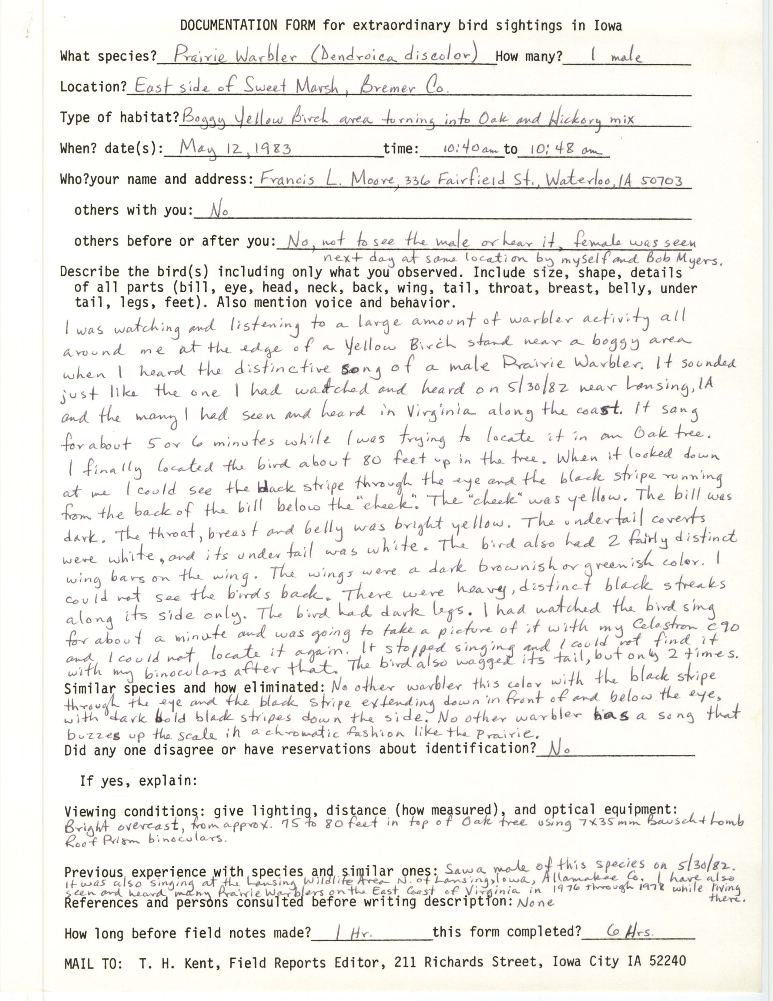 Rare bird documentation form for Prairie Warbler at Sweet Marsh, 1983