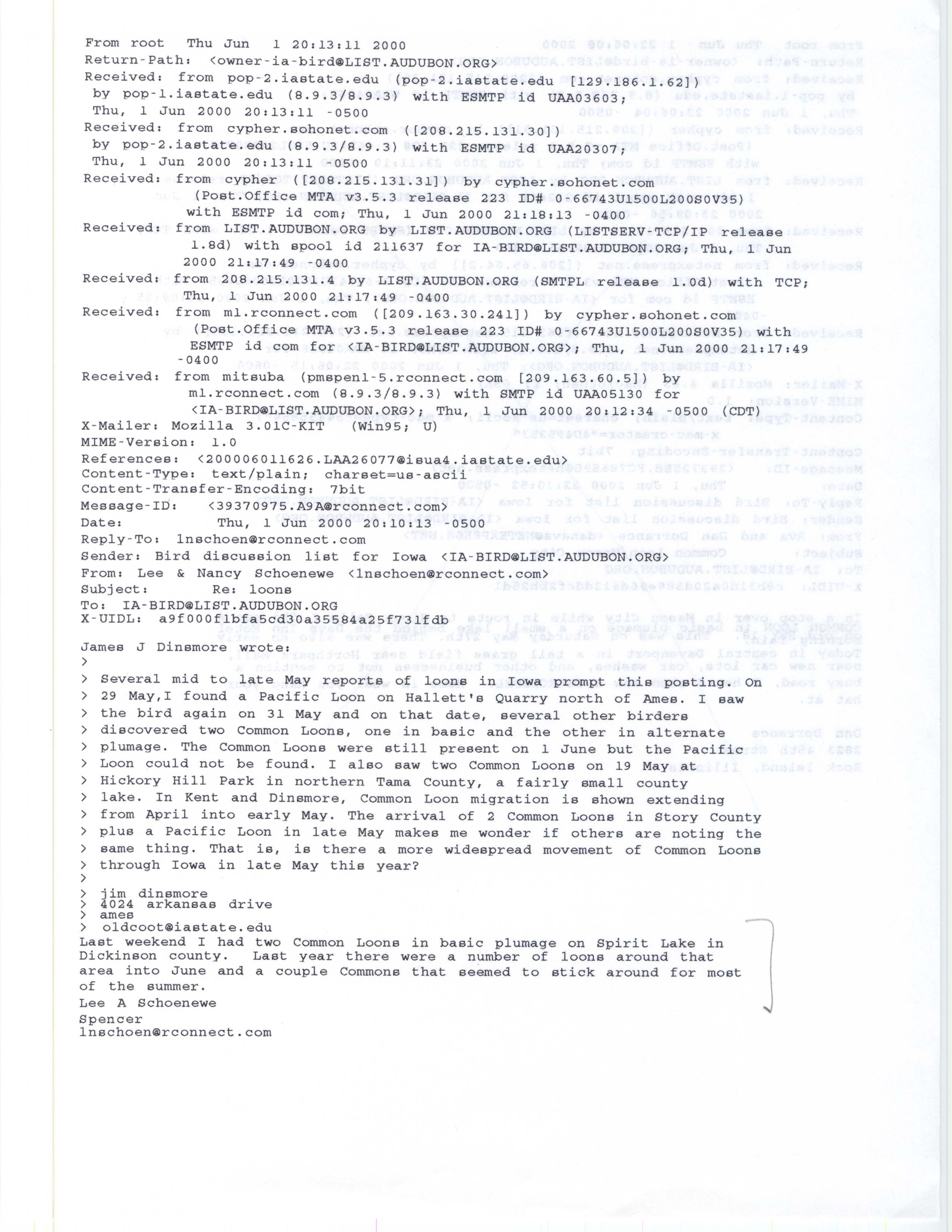 Lee Schoenewe email to the IA-BIRD mailing list regarding a Common Loon sighting, June 1, 2000