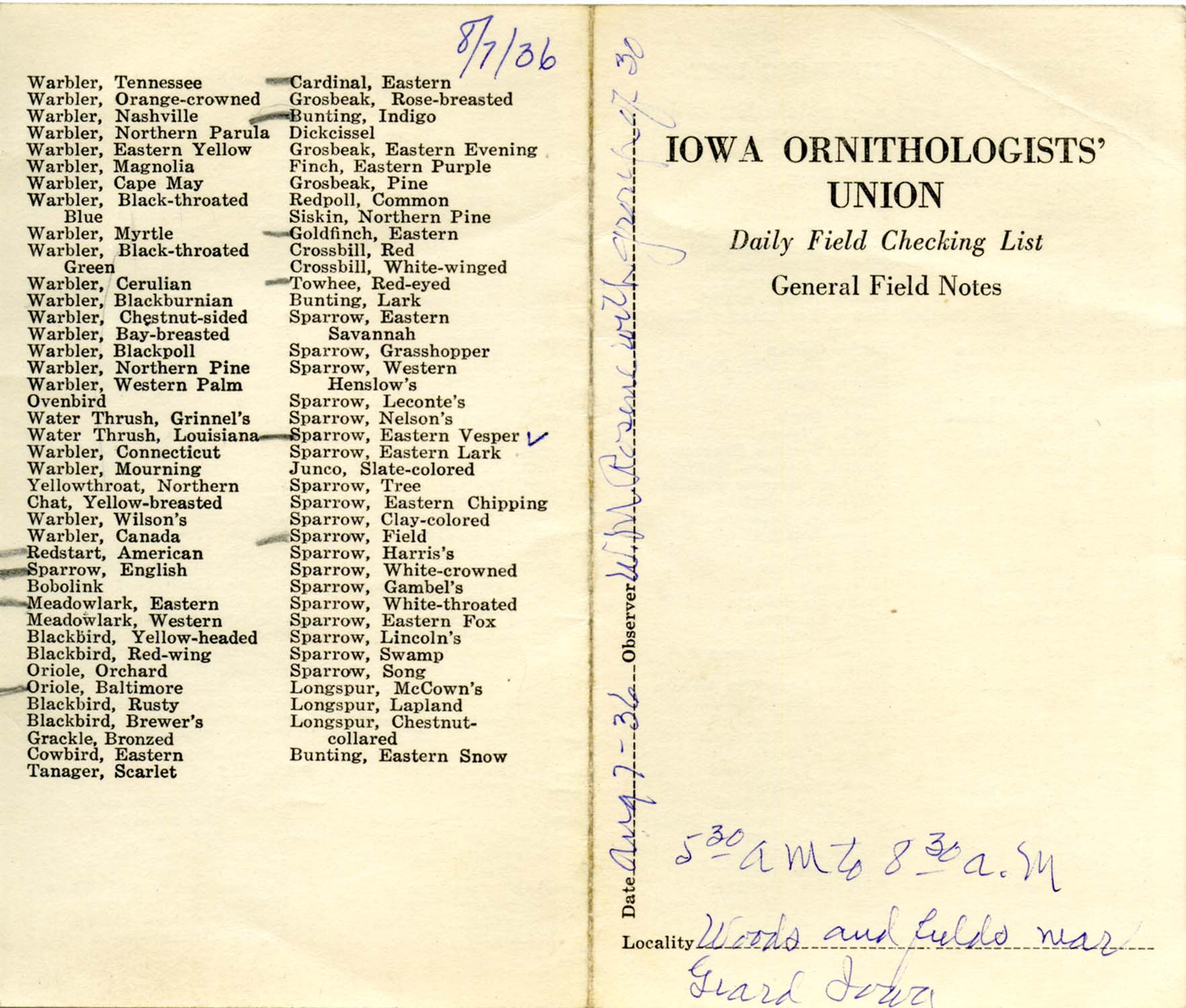 Daily field checking list, Walter Rosene, August 7, 1936
