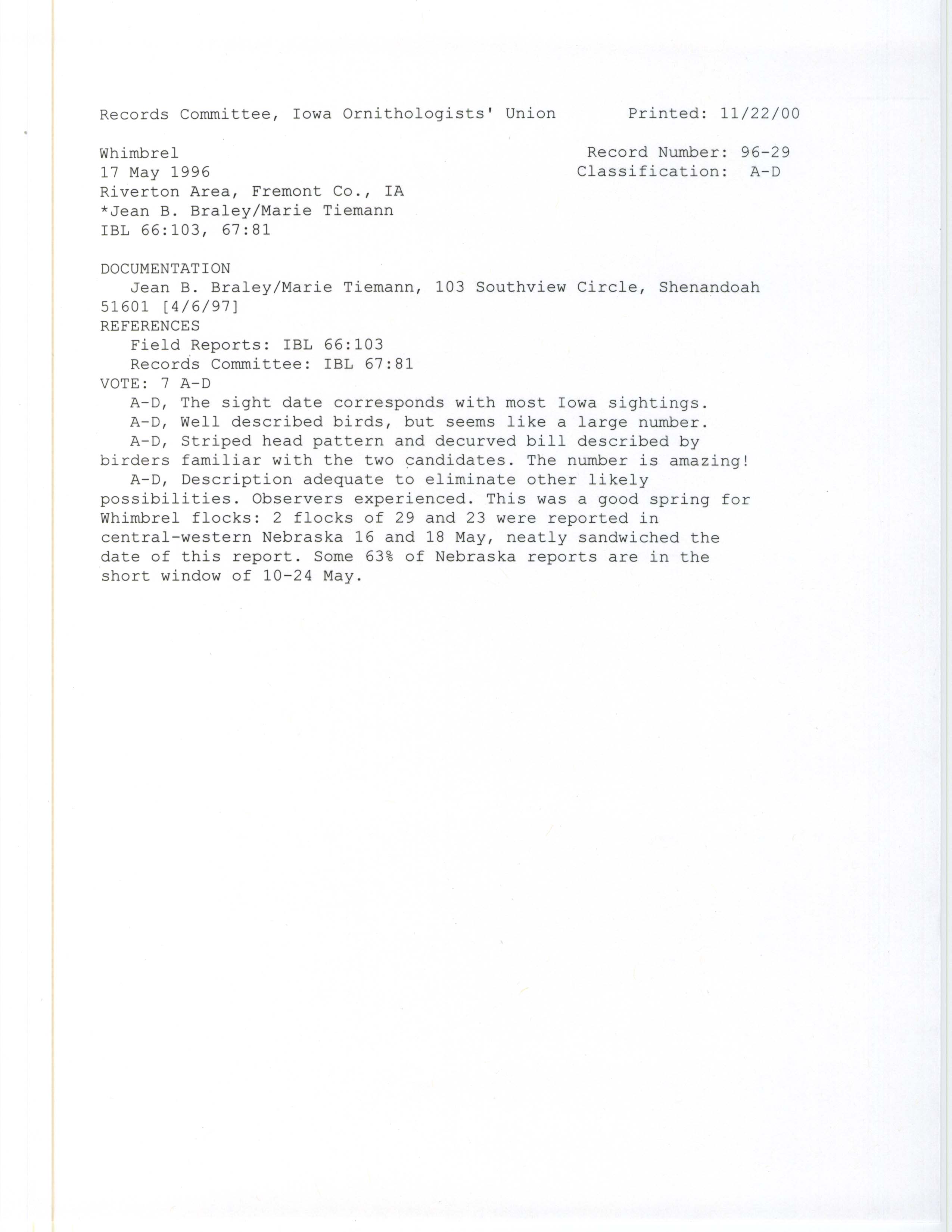 Records Committee review for rare bird sighting of Whimbrel at Riverton Wildlife Management Area, 1996