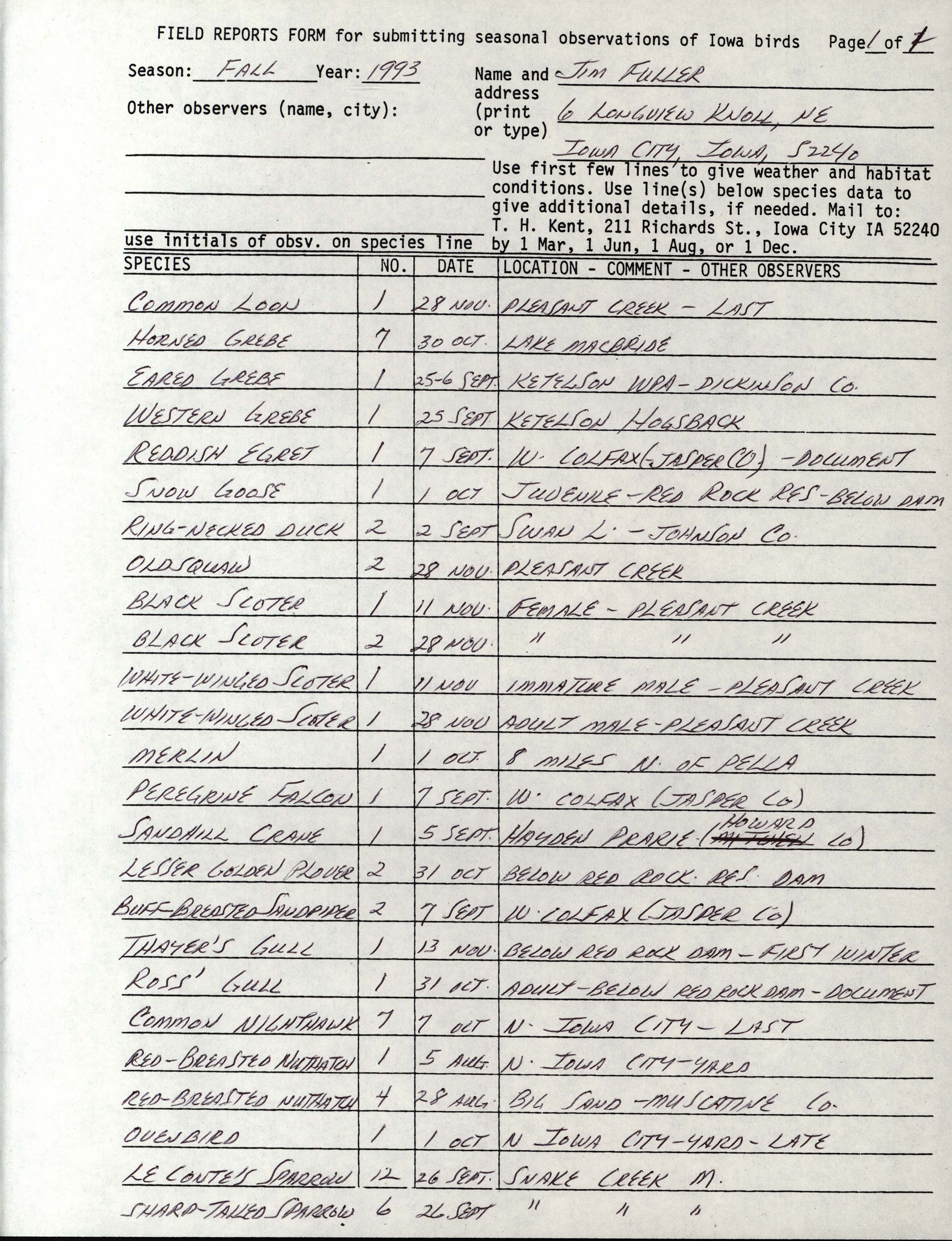 Field reports form for submitting seasonal observations of Iowa birds, James L. Fuller, fall 1993