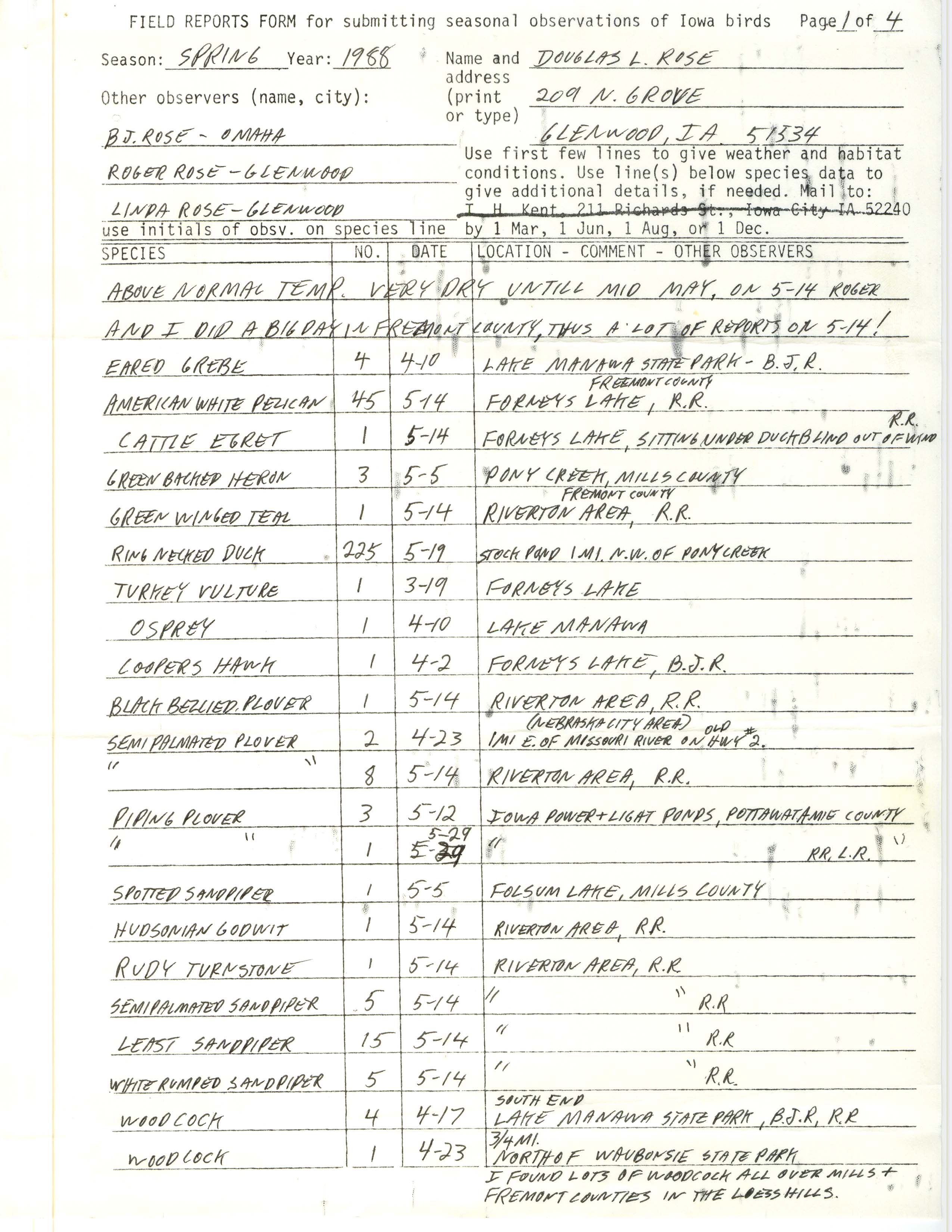 Field reports form for submitting seasonal observations of Iowa birds, Douglas Rose, spring 1988