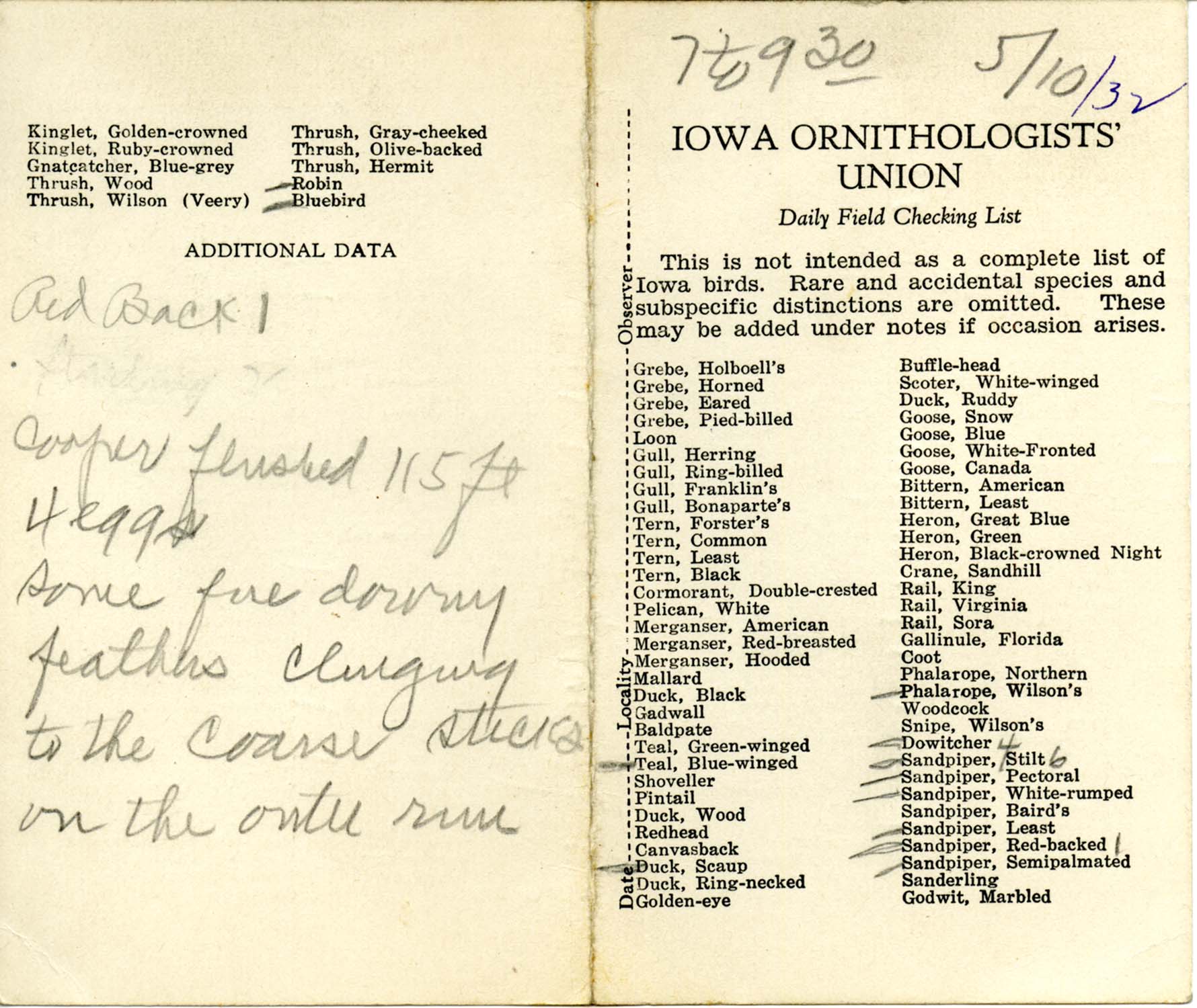 Daily field checking list, Walter Rosene, May 10, 1932