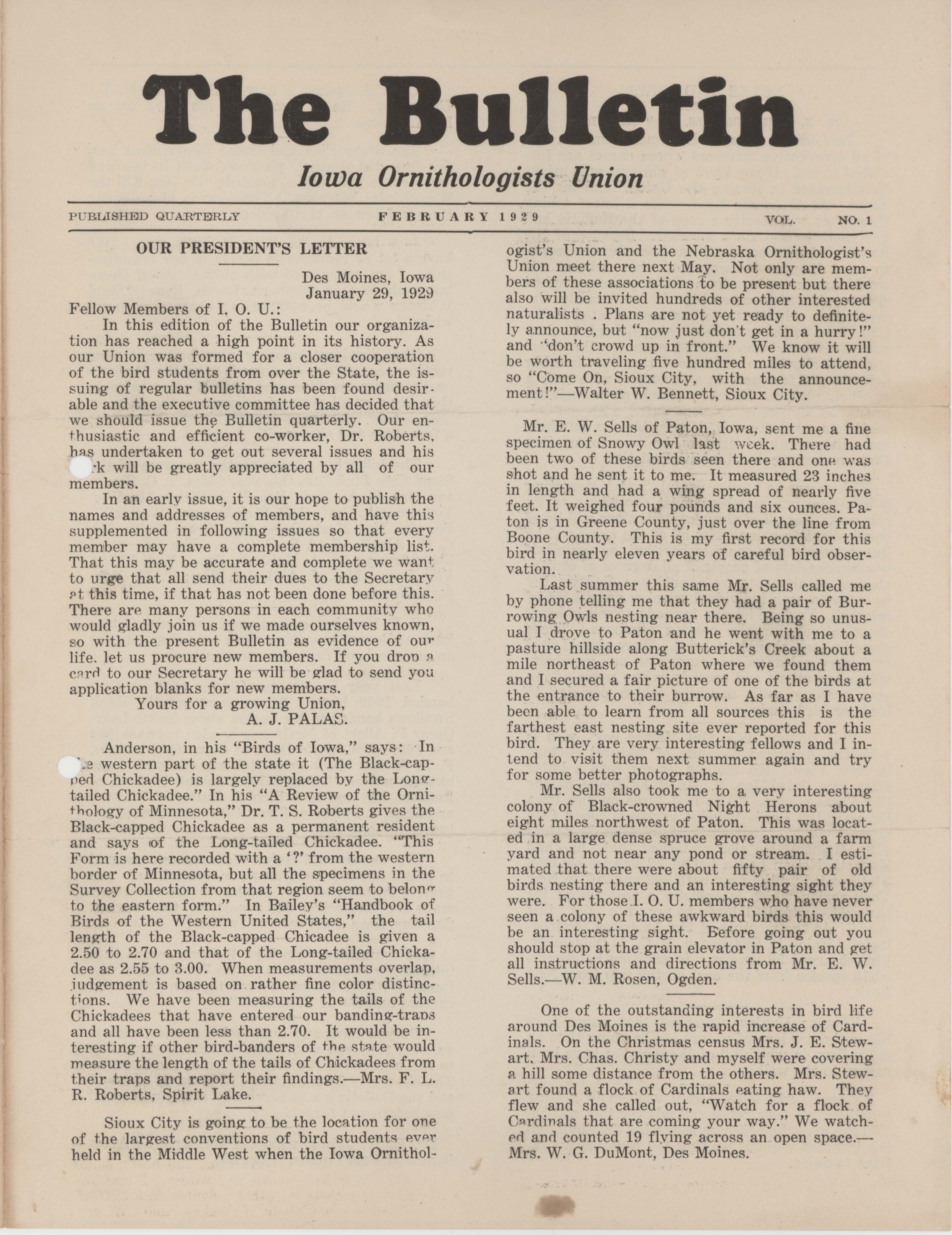Bulletin (Iowa Ornithologists Union), Number 1, February 1929