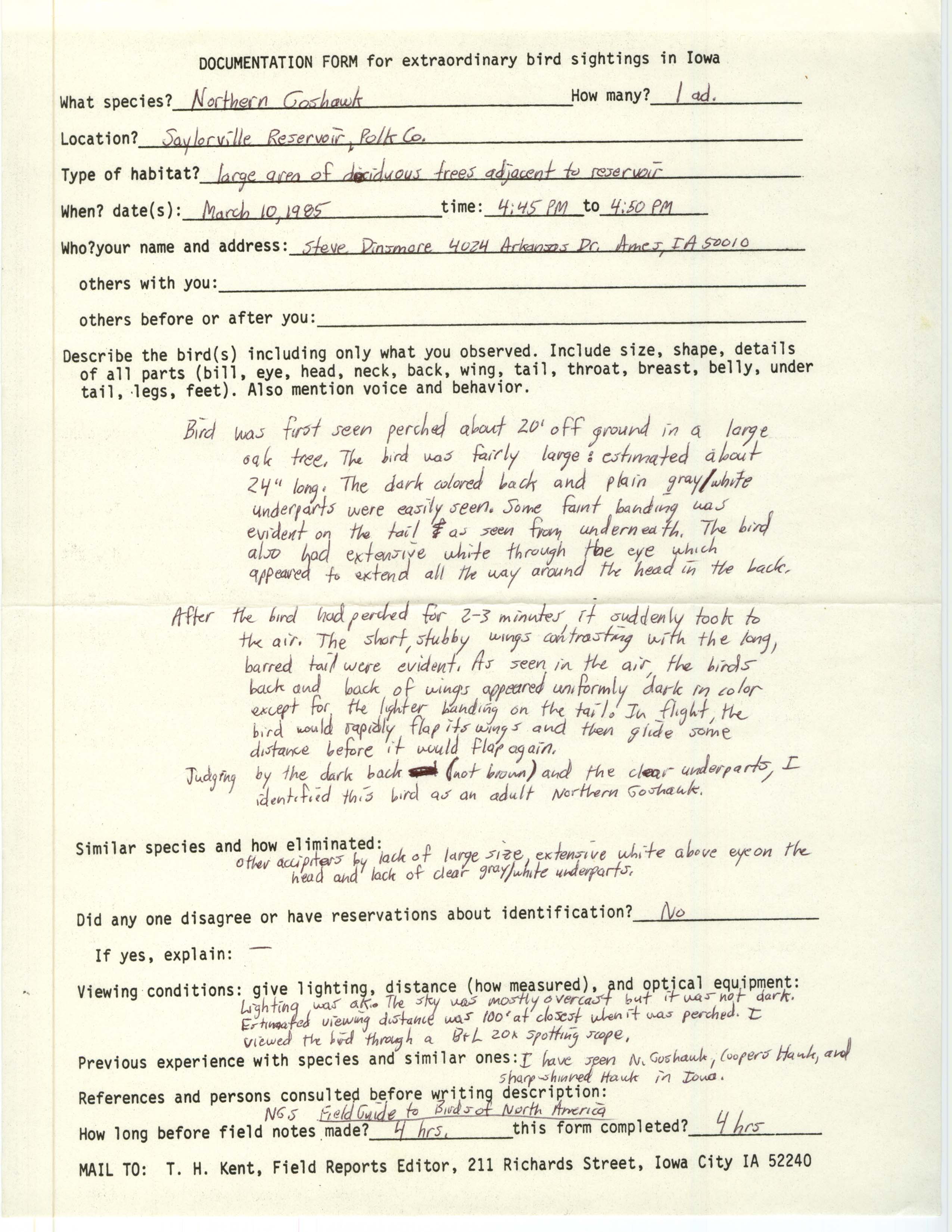 Rare bird documentation form for Northern Goshawk at Saylorville Reservoir, 1985