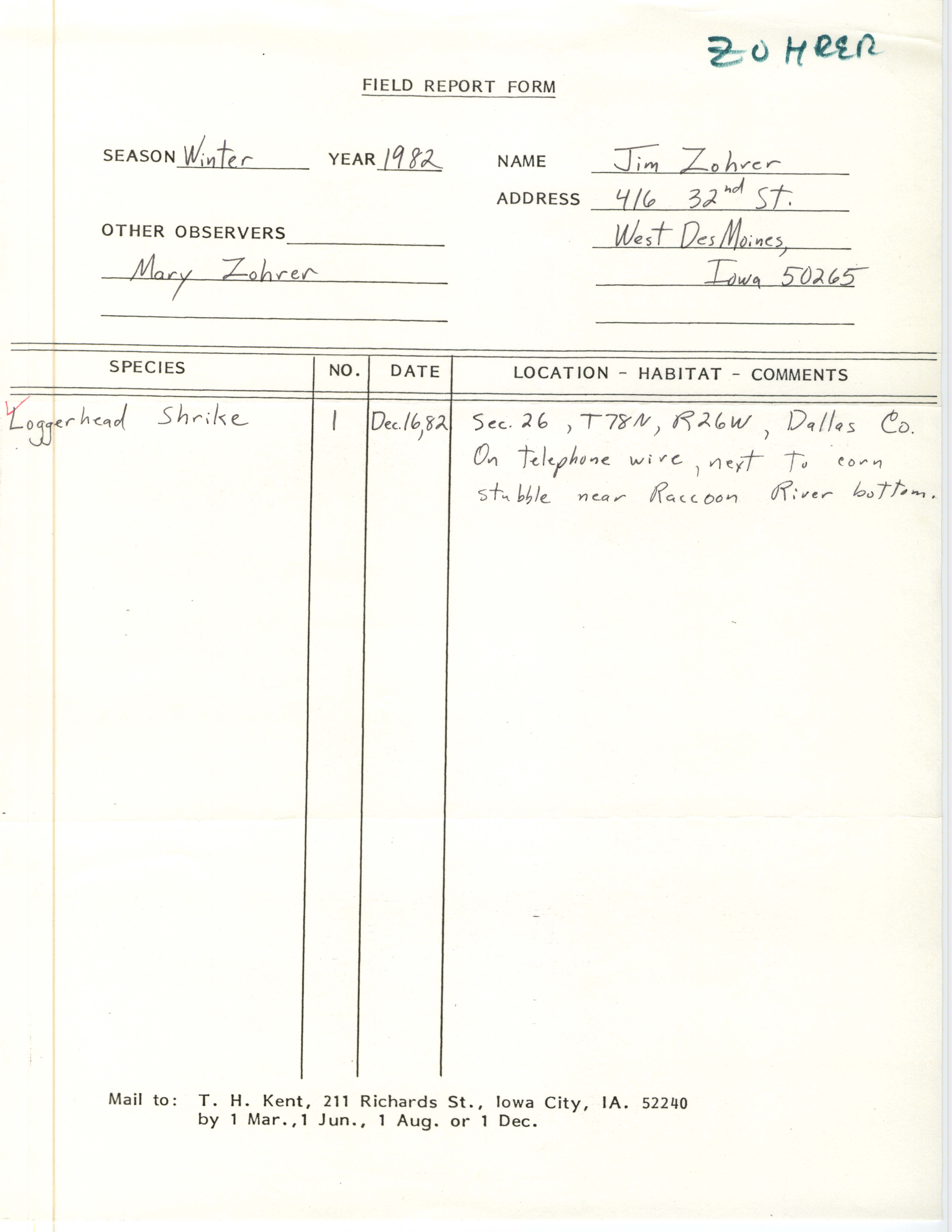 Field note about a Loggerhead Shrike sighting contributed by James J. Zohrer, winter 1982-1983