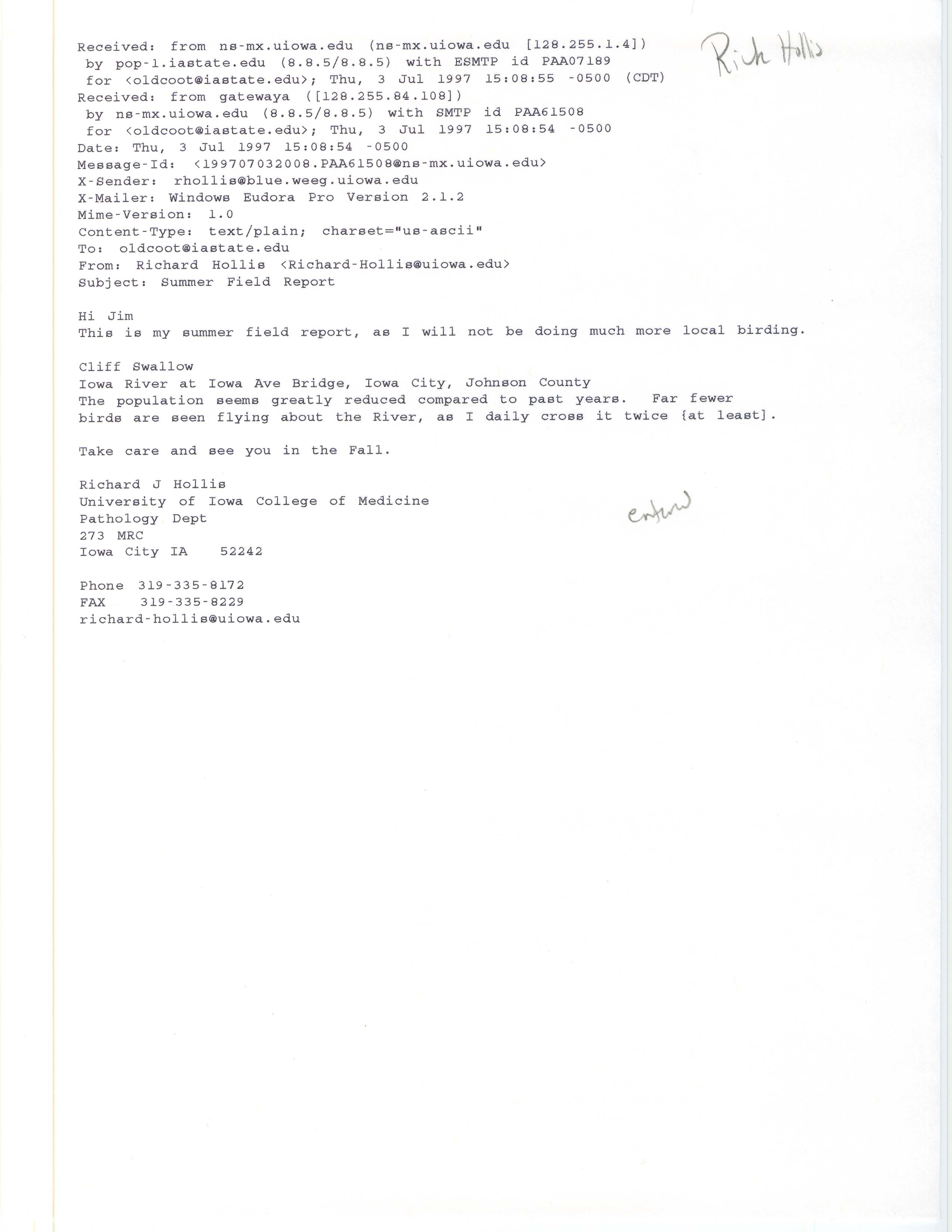 Richard Jule Hollis email to James J. Dinsmore regarding a Cliff Swallow sighting, July 3, 1997.