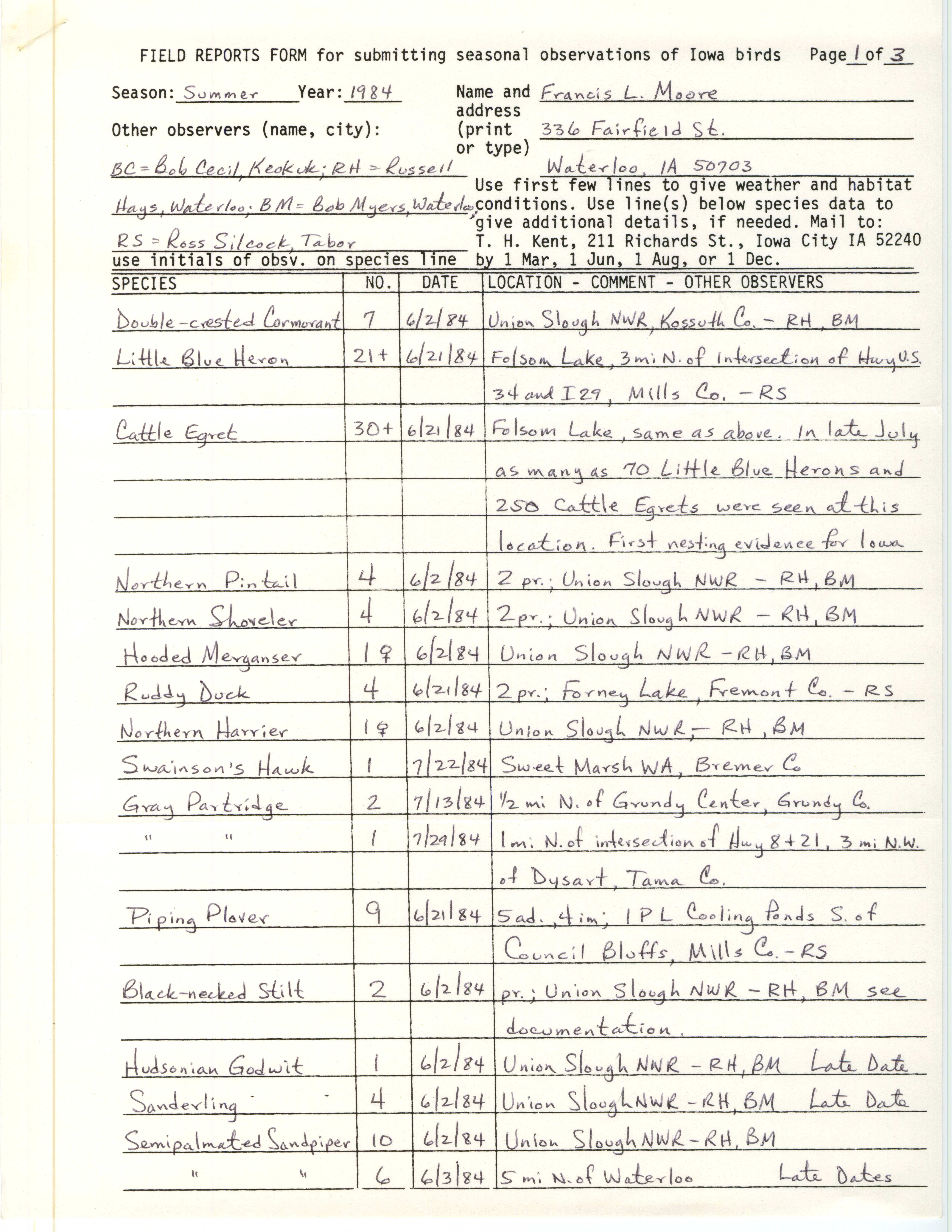 Field notes contributed by Francis L. Moore, summer 1984