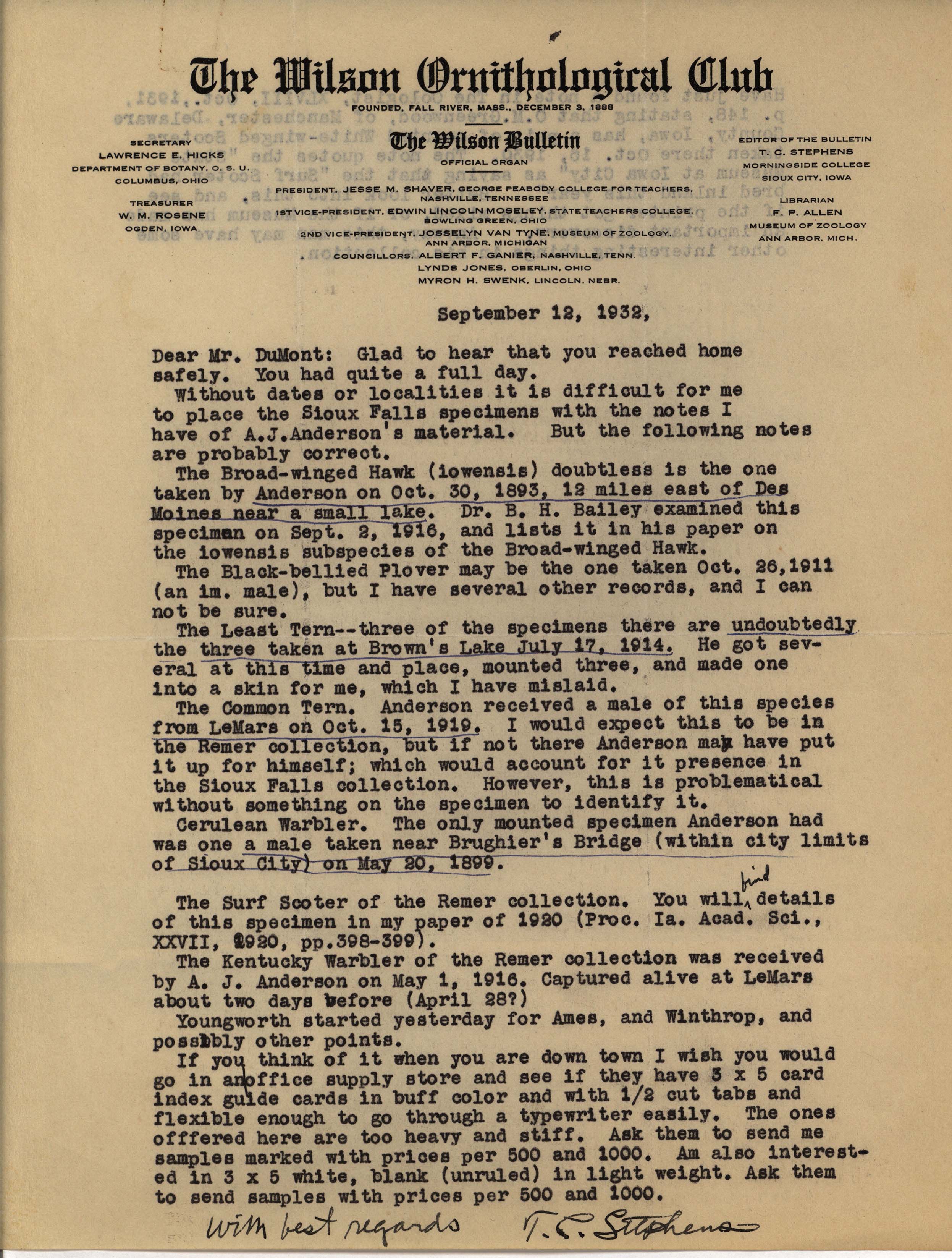 Thomas Stephens letter to Philip DuMont regarding specimens, September 12, 1932