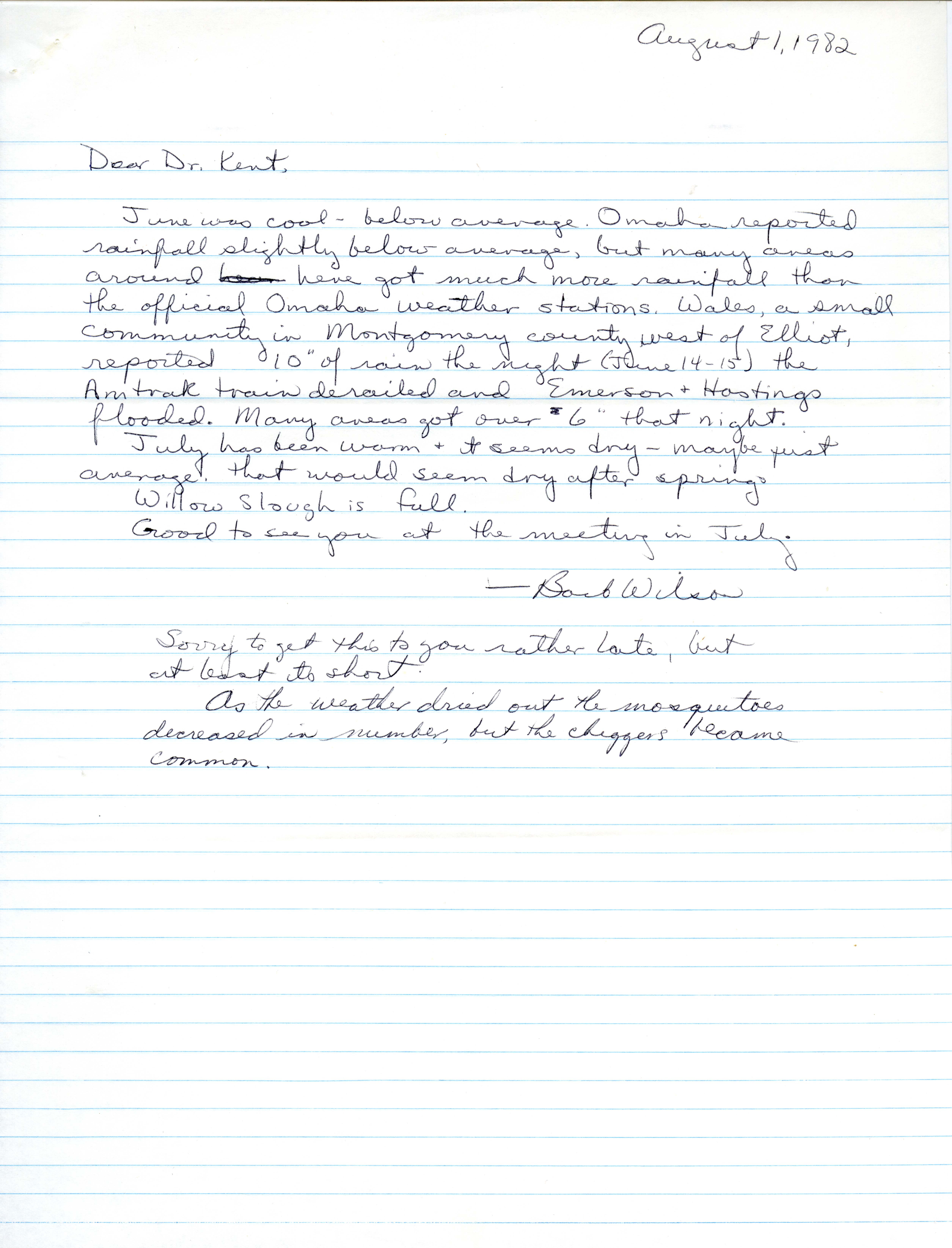 Barbara L. Wilson letter to Thomas H. Kent regarding bird breeding report, August 1, 1982