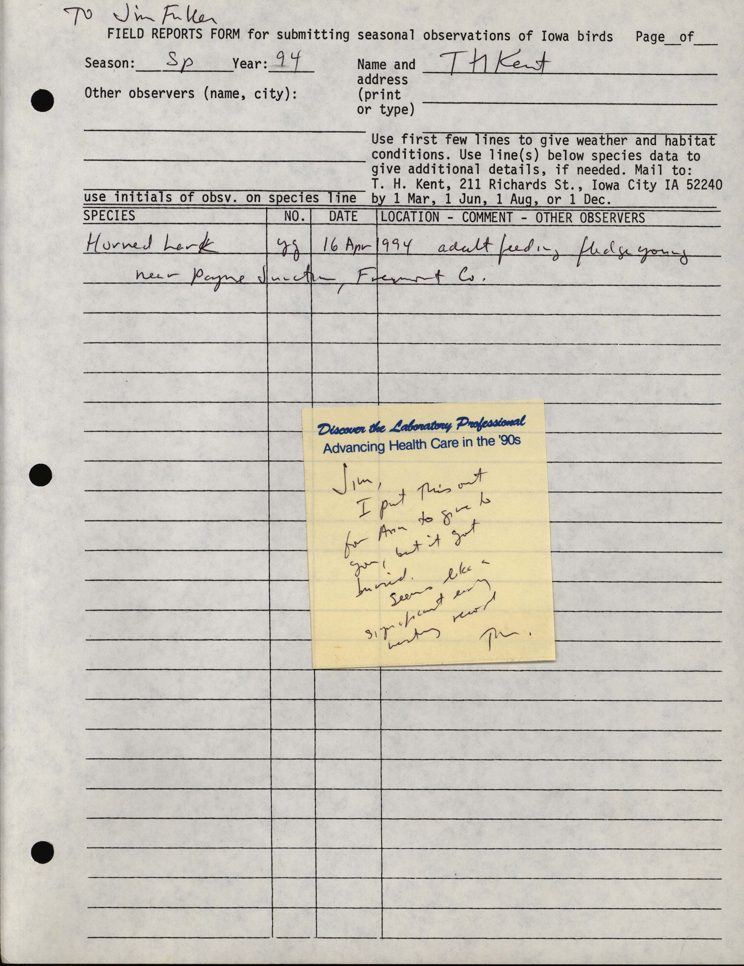 Field reports form for submitting seasonal observations of Iowa birds, Thomas Kent, Spring 1994
