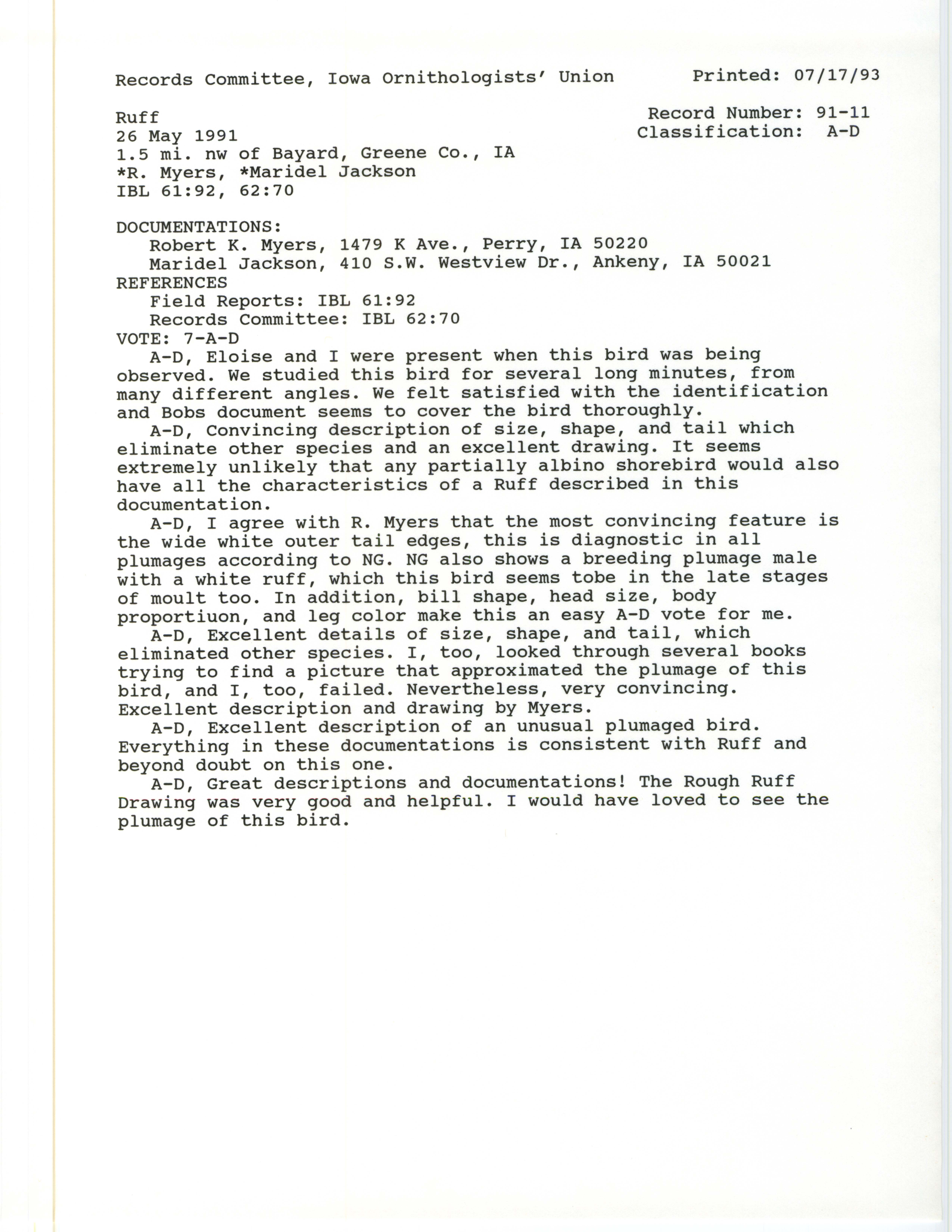 Records Committee review for rare bird sighting of Ruff northwest of Bayard, 1991
