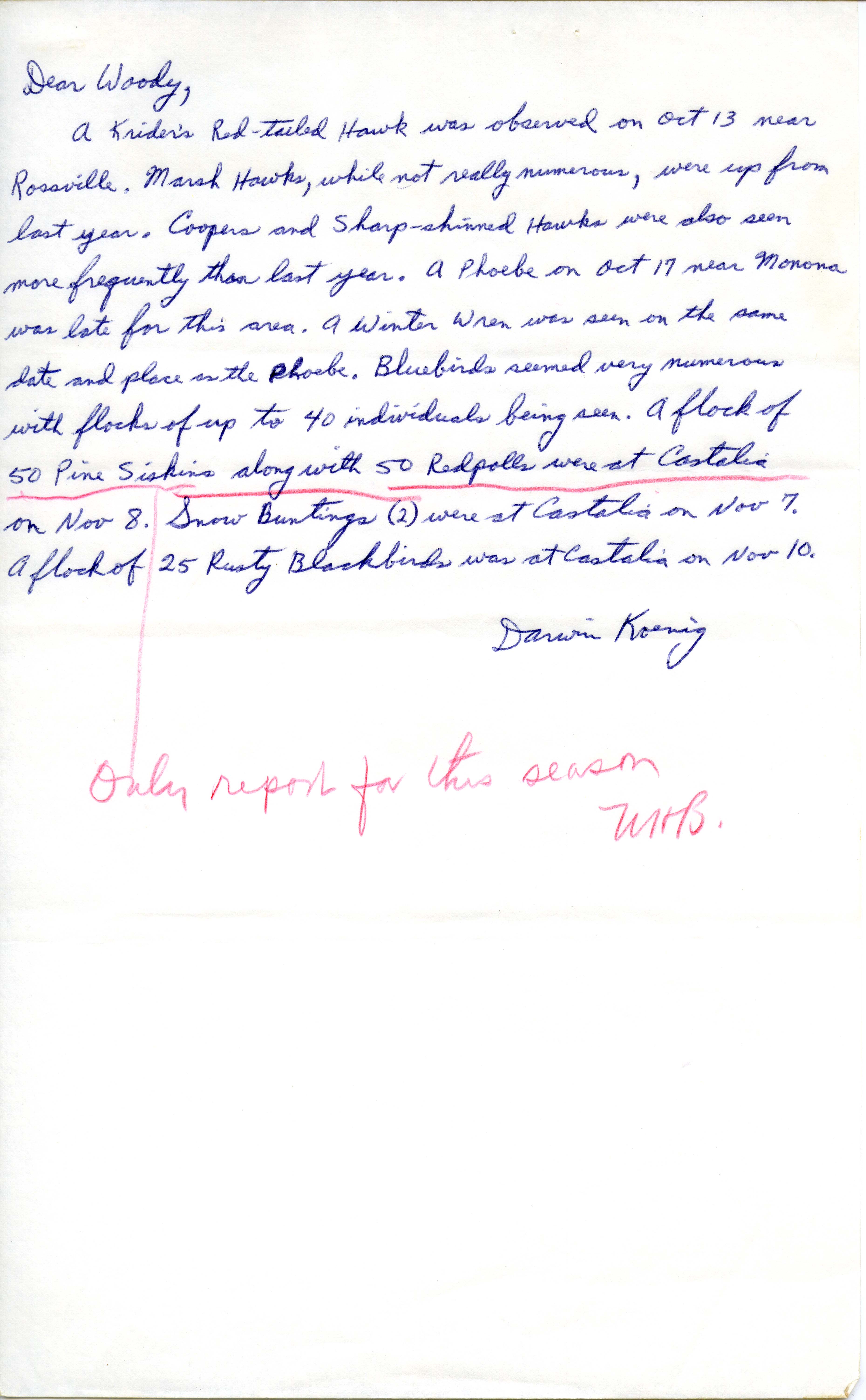 Darwin Koenig letter to Woodward H. Brown regarding birds sighted, fall 1971