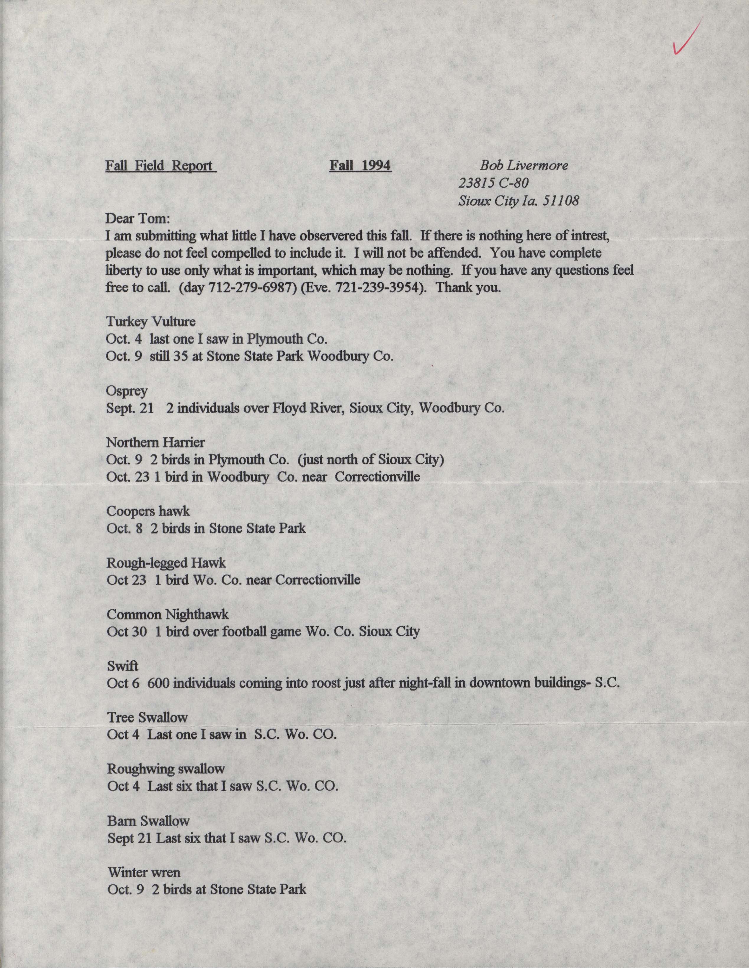 Fall field report, fall 1994, Bob Livermore