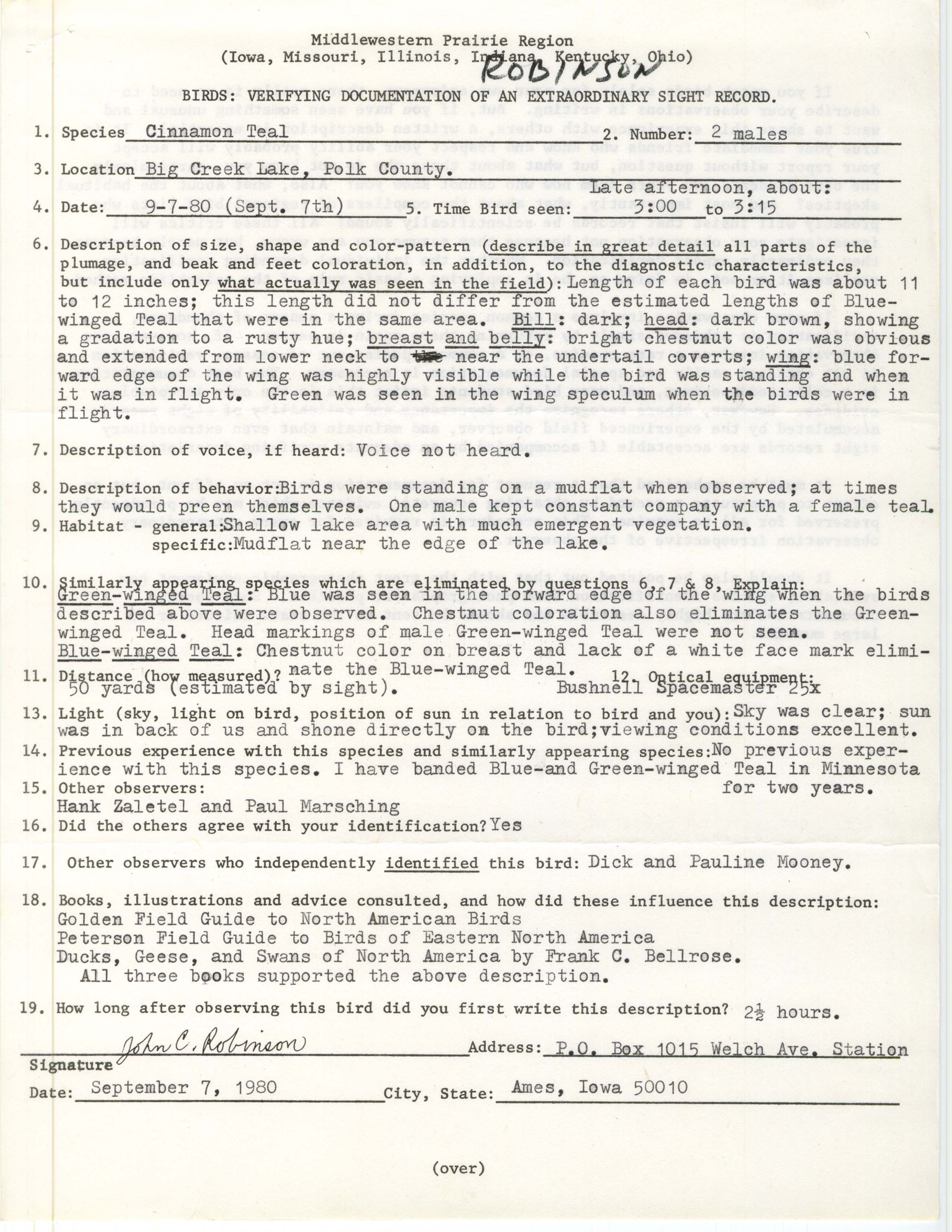 Rare bird documentation form for Cinnamon Teal at Big Creek Lake, 1980