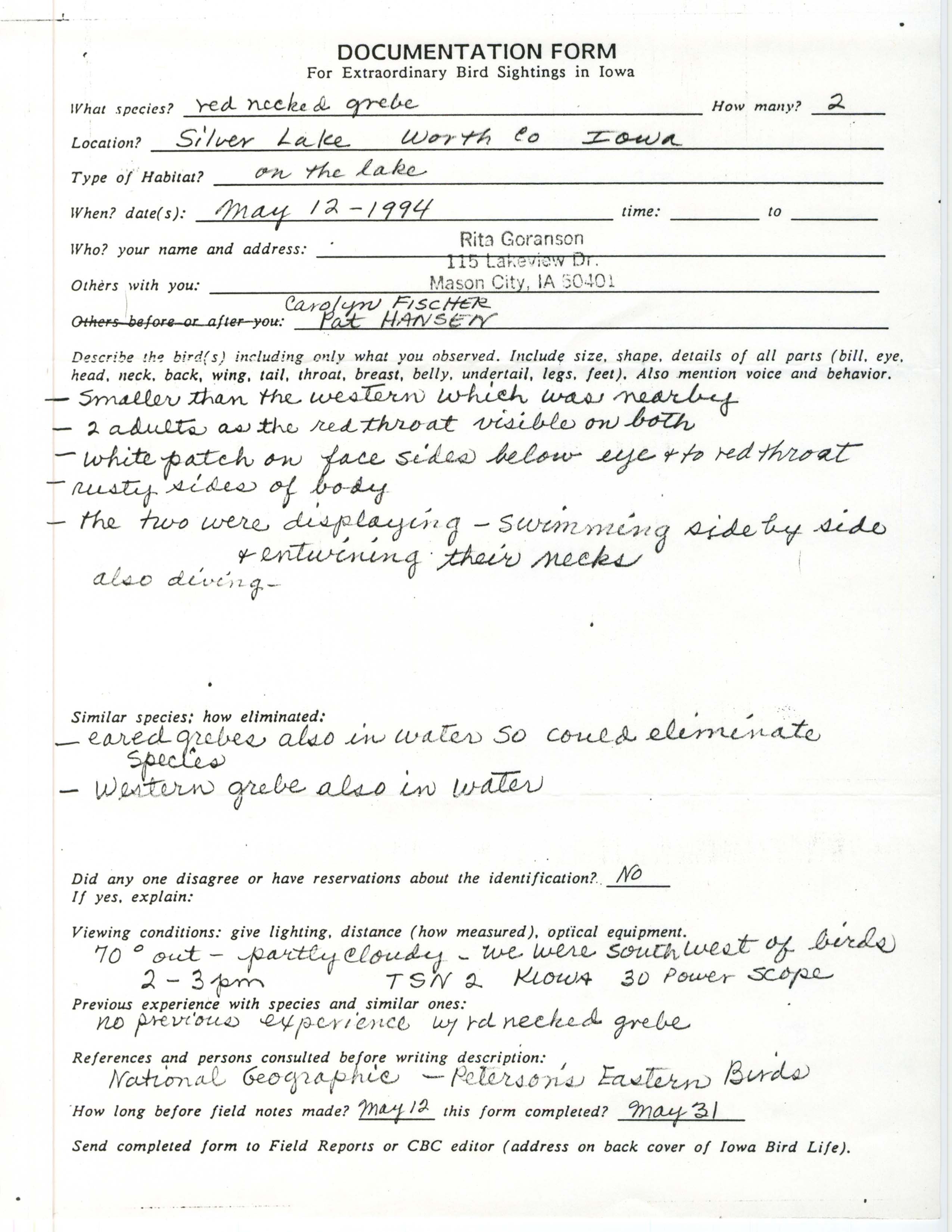 Rare bird documentation form for Red-necked Grebe at Silver Lake, 1994