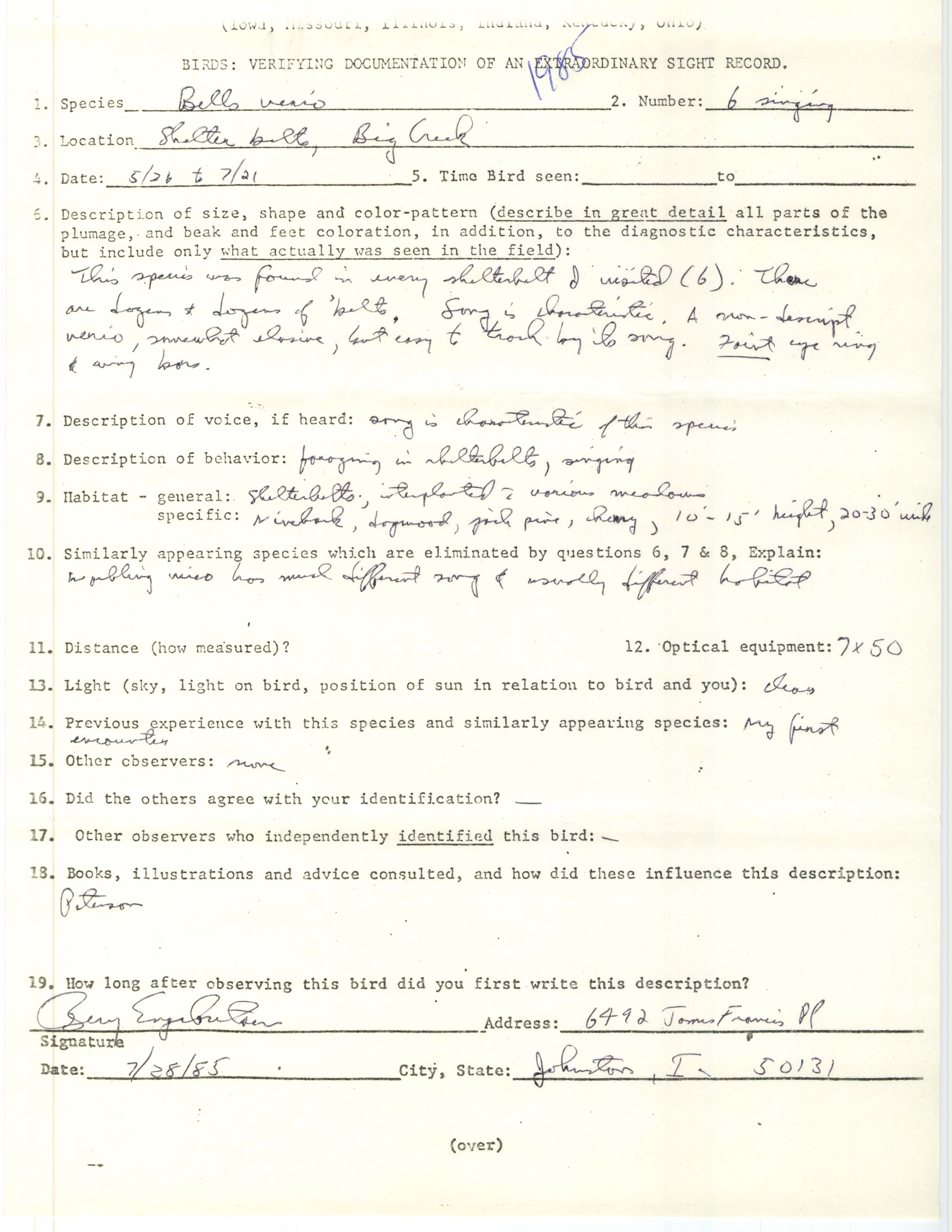 Rare bird documentation form for Bell's Vireo at Big Creek in 1985
