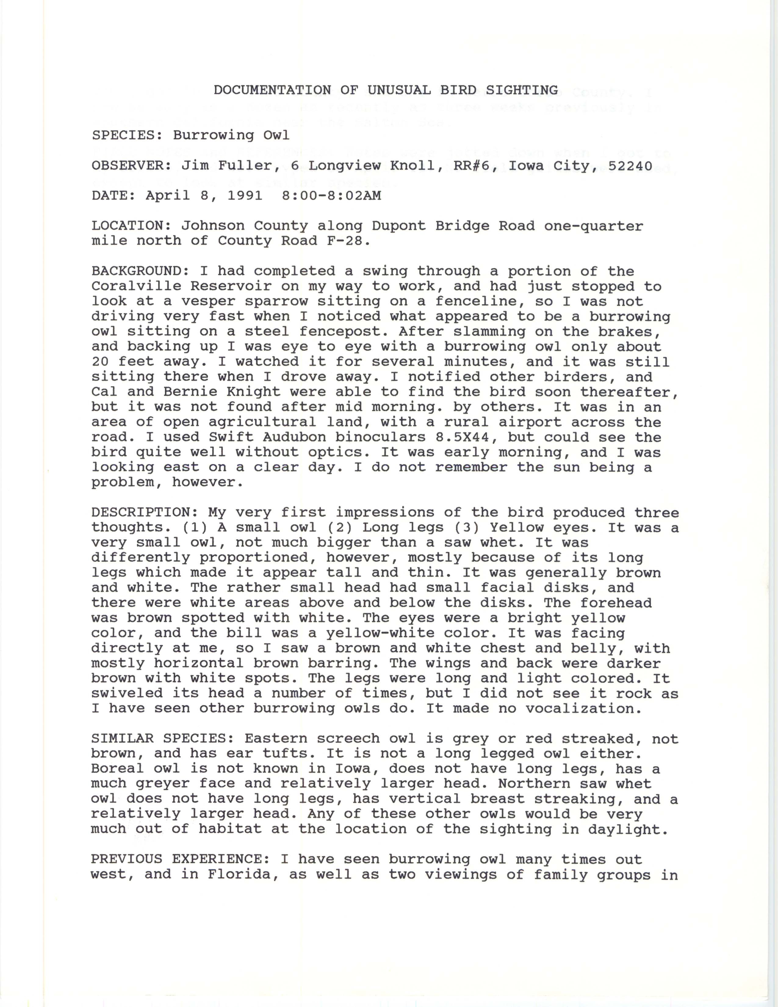 Rare bird documentation form for Burrowing Owl at Coralville Reservoir, 1991