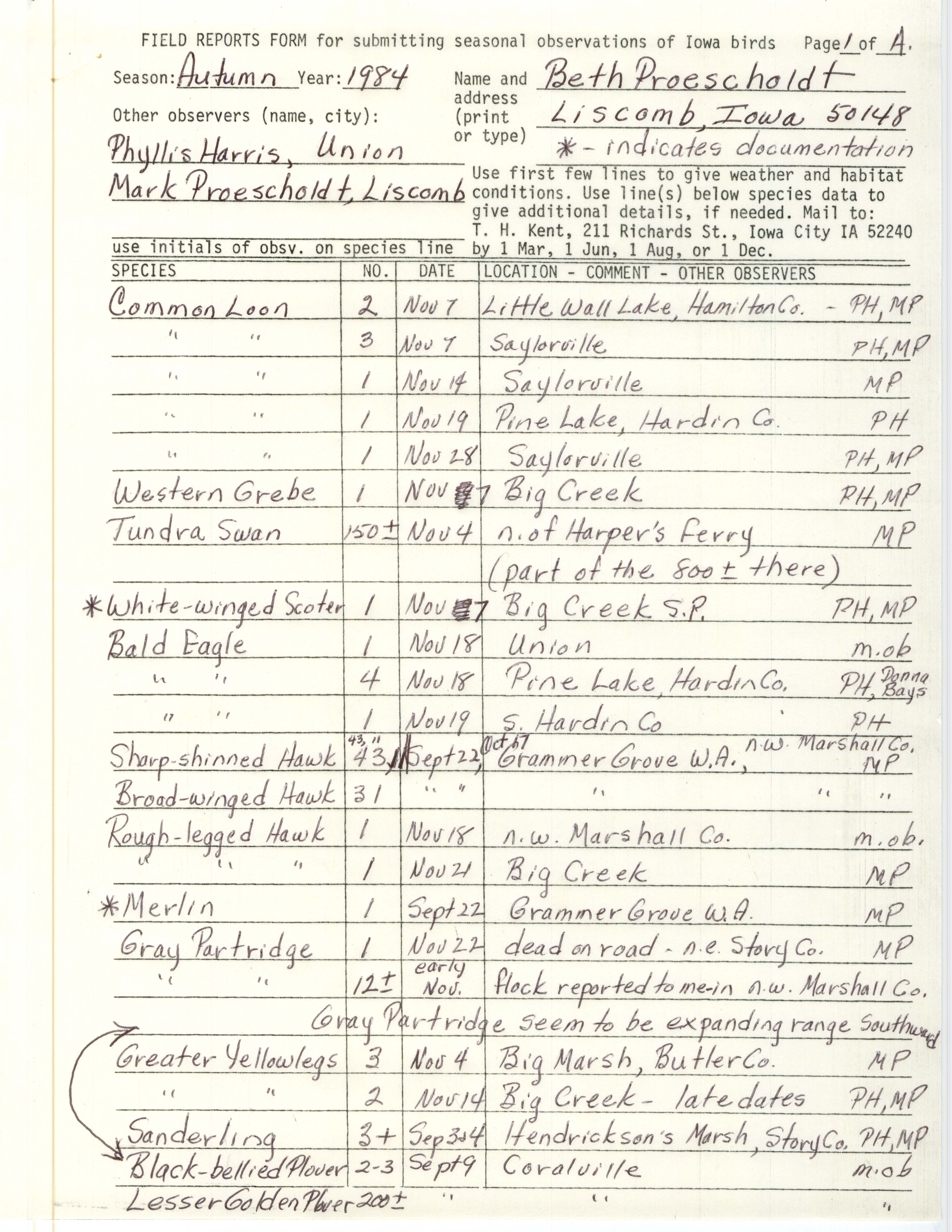 Field notes contributed by Beth and Mark Proescholdt, Liscomb, Iowa, fall 1984