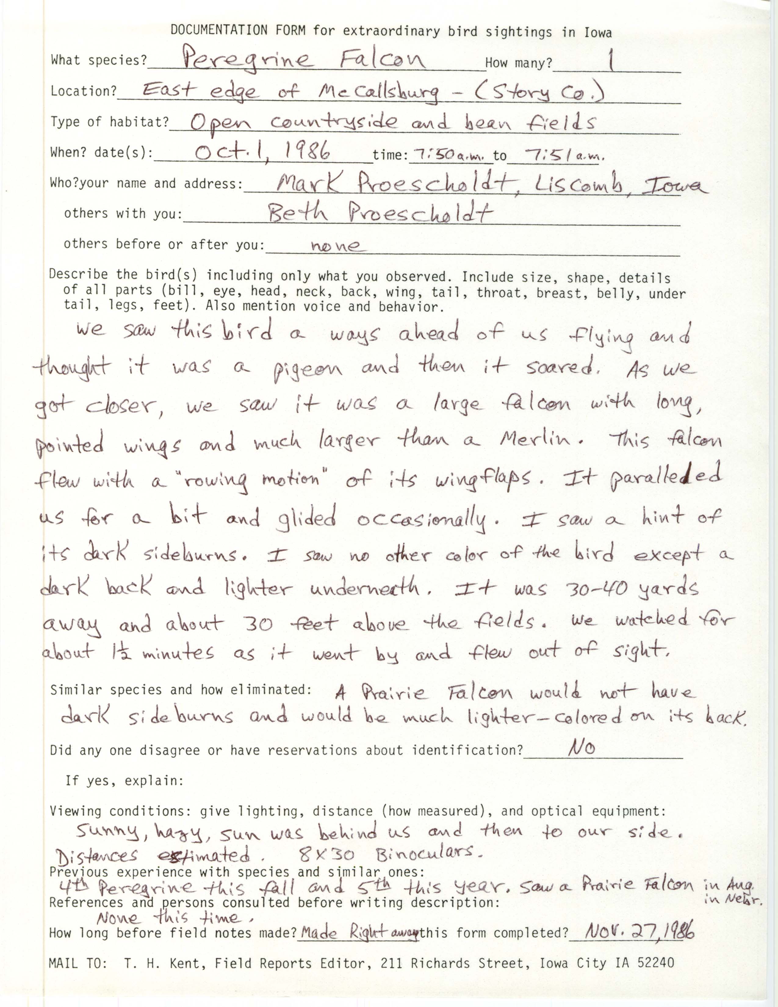 Rare bird documentation form for Peregrine Falcon at McCallsburg in 1986
