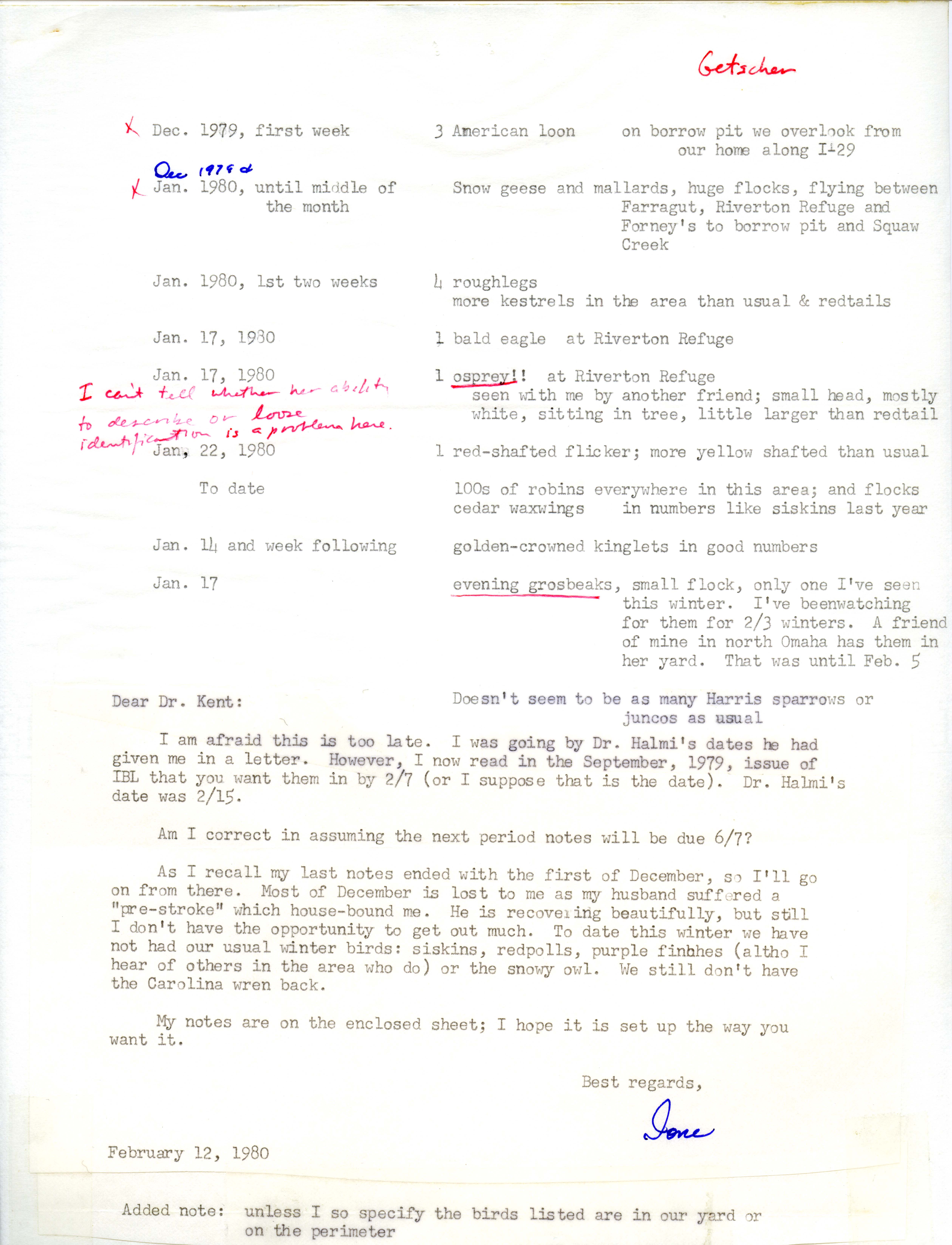 Ione Getscher letter to Thomas H. Kent regarding bird sightings, February 12, 1980