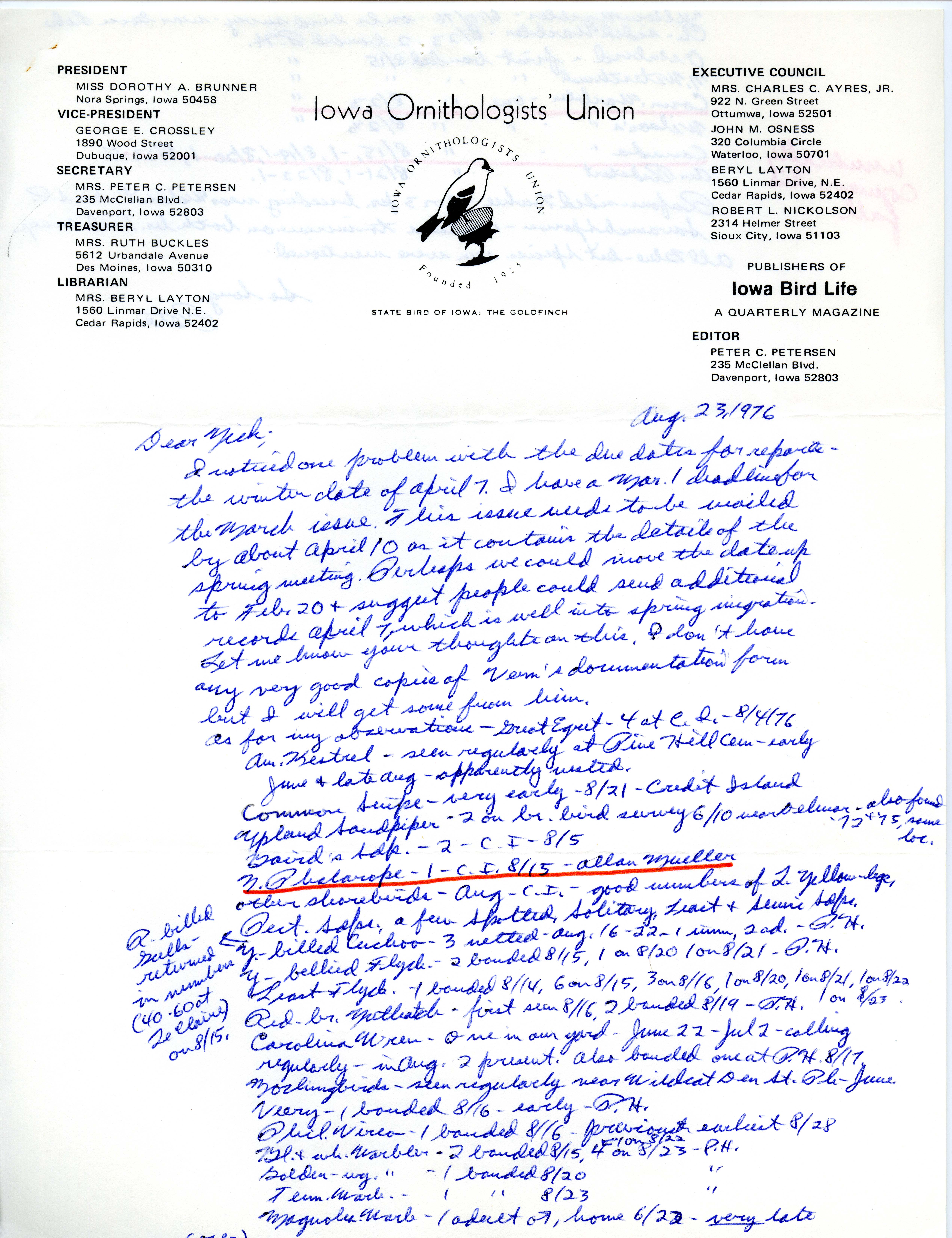 Peter C. Petersen letter to Nicholas S. Halmi regarding fall migration, 1976 