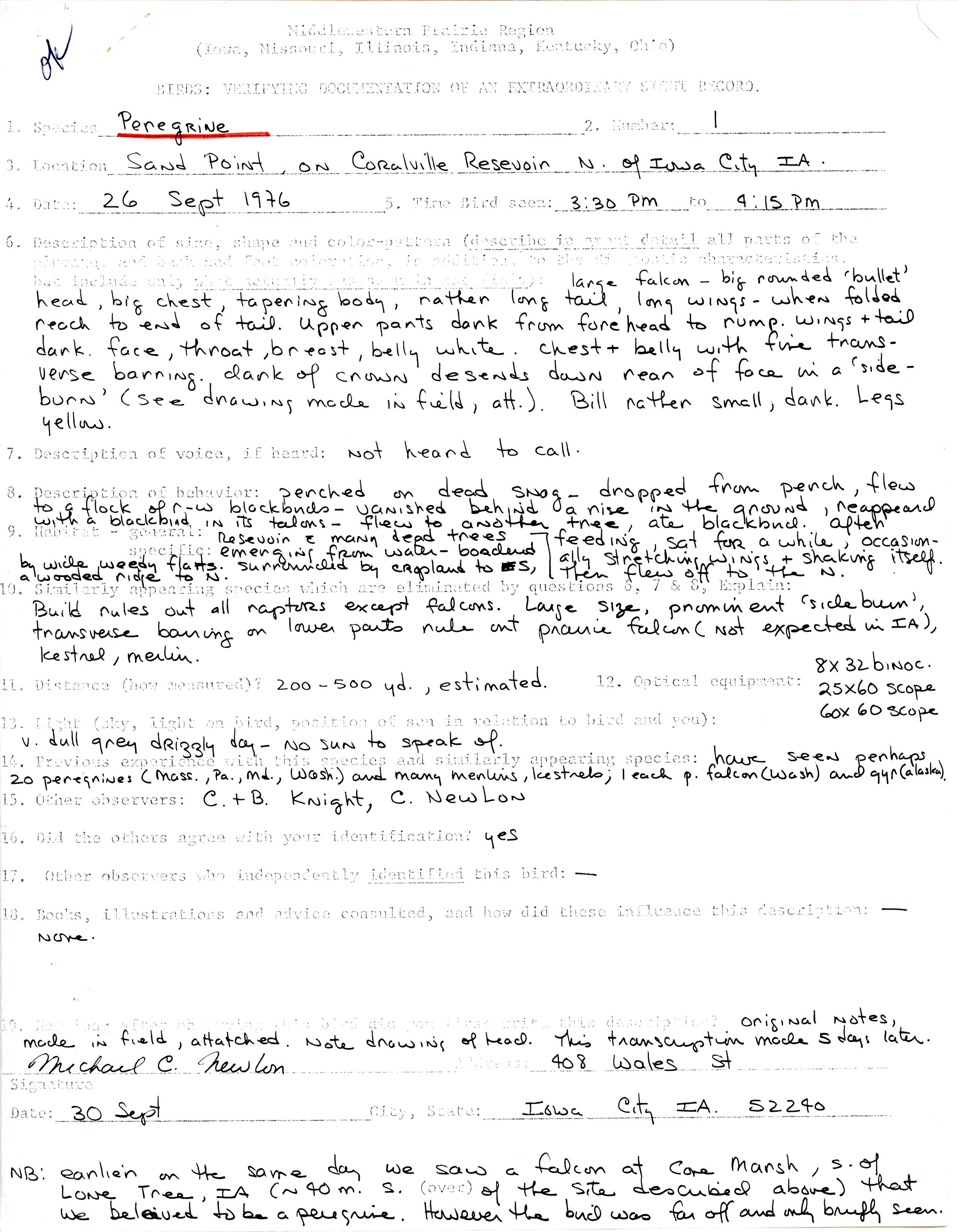 Rare bird documentation form for Peregrine Falcon at Sand Point at Coralville Reservoir, 1976
