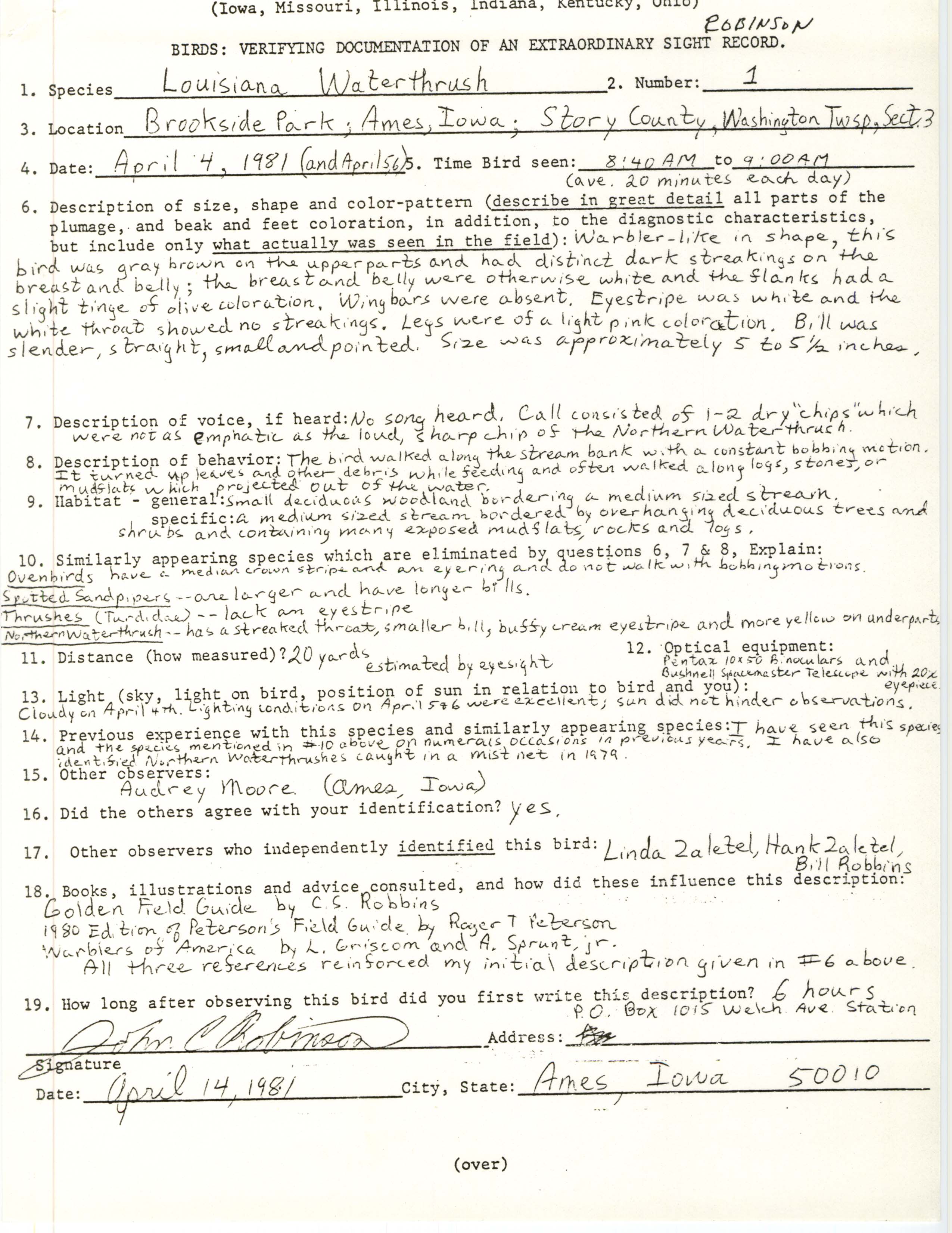 Rare bird documentation form for Louisiana Waterthrush at Brookside Park in Ames, 1981