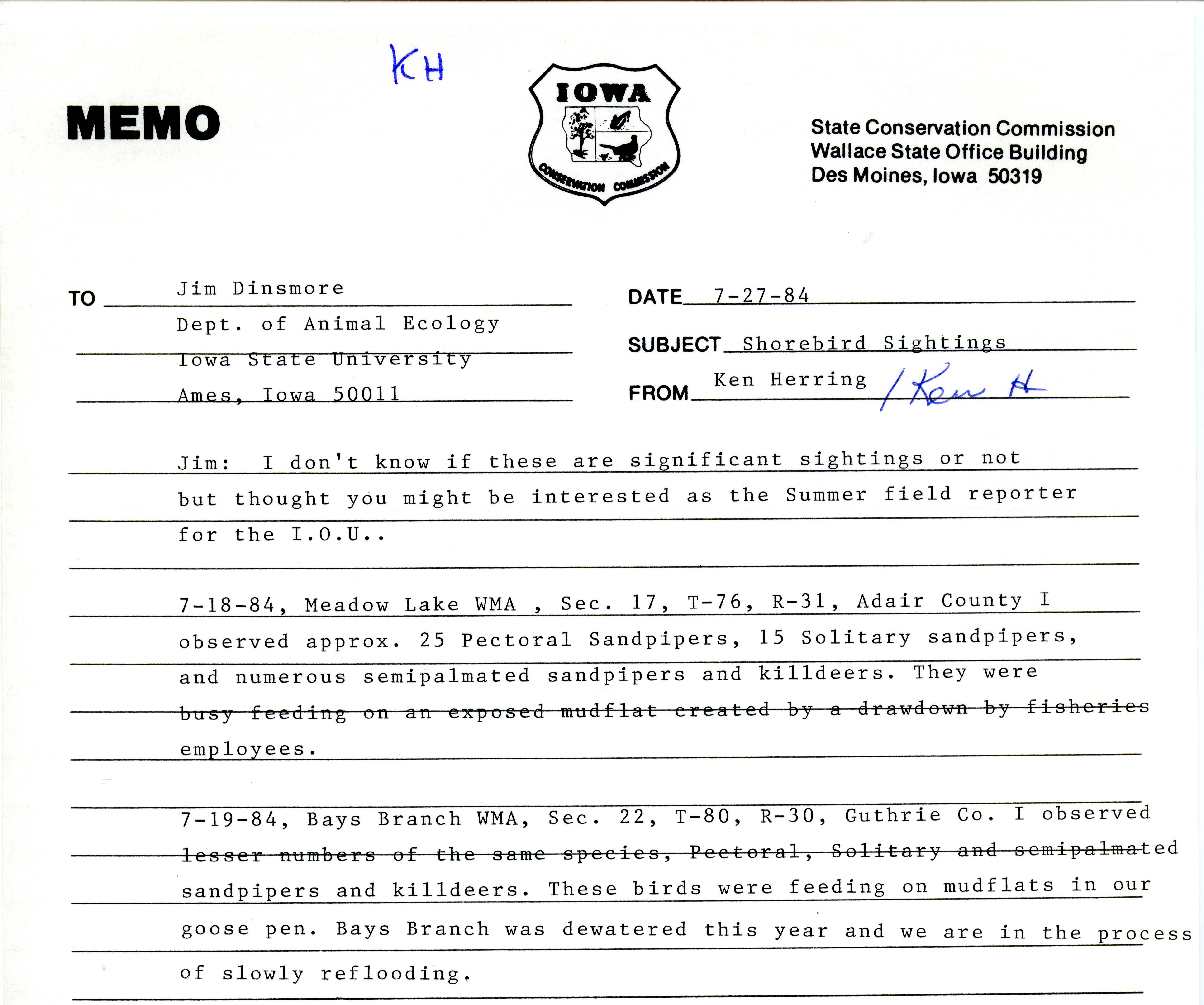 Ken Herring memo to James J. Dinsmore regarding shorebird sightings, July 27, 1984