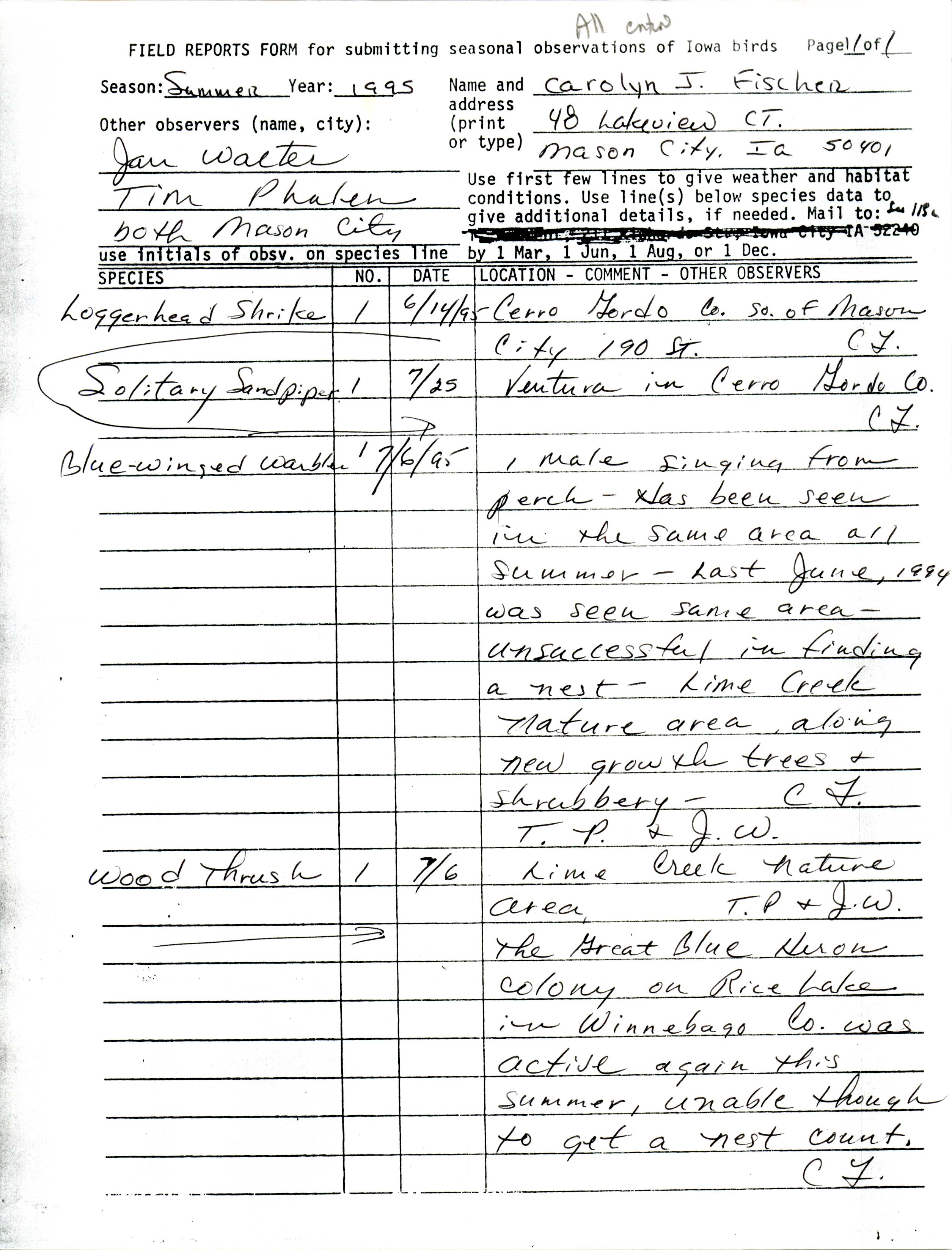 Field reports form for submitting seasonal observations of Iowa birds, summer 1995, Carolyn Fischer
