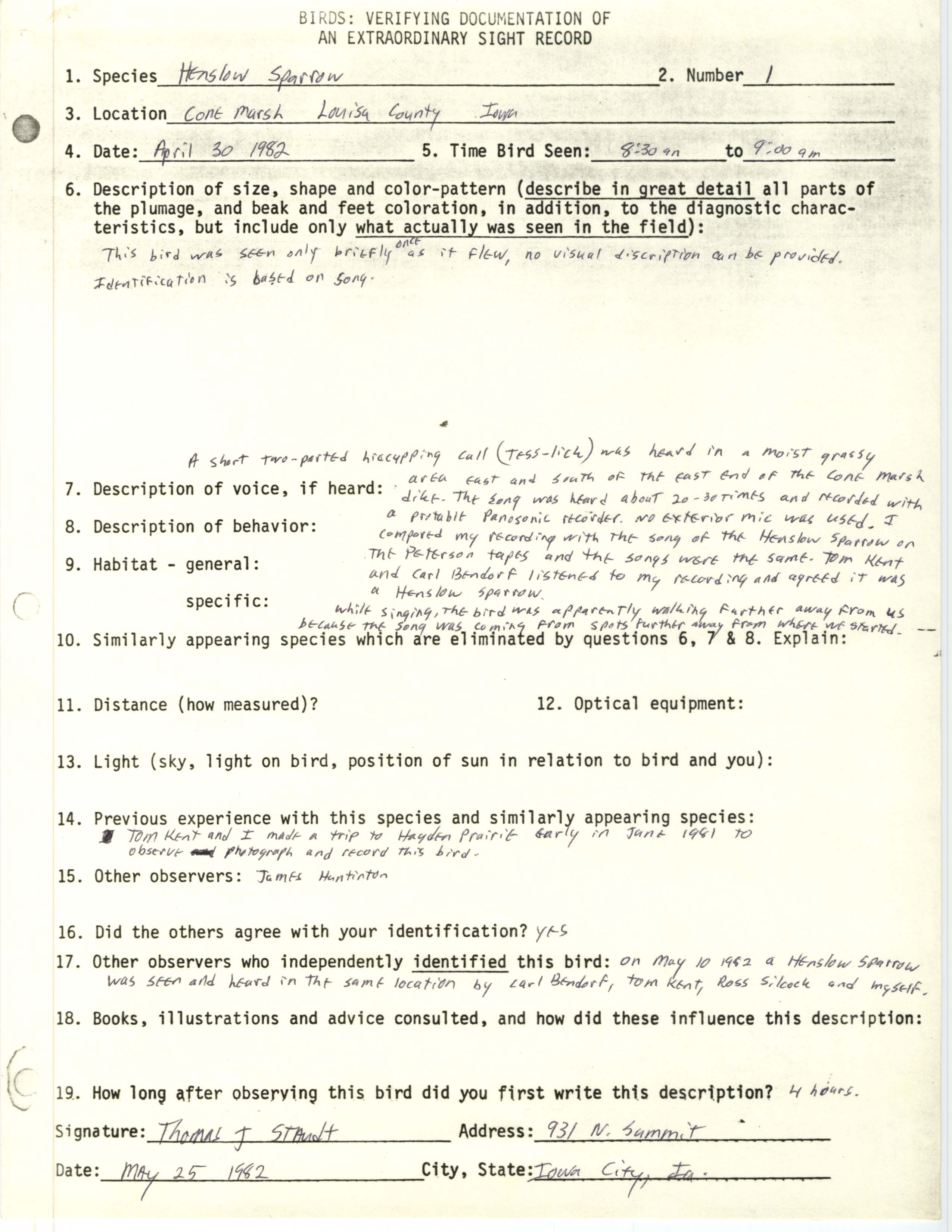 Rare bird documentation form for Henslow's Sparrow at Cone Marsh Wildlife Management Area, 1982