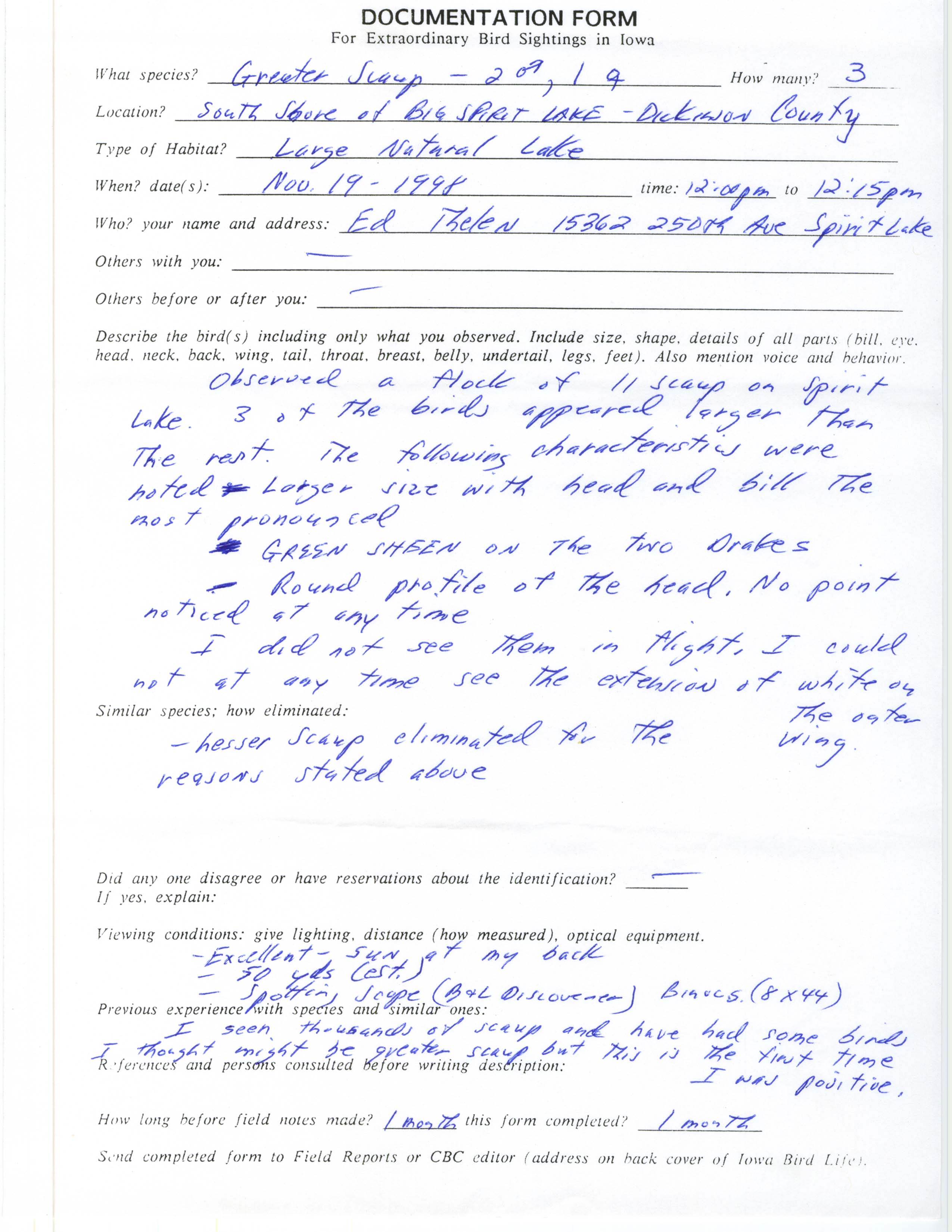 Rare bird documentation form for Greater Scaup at Big Spirit Lake, 1998
