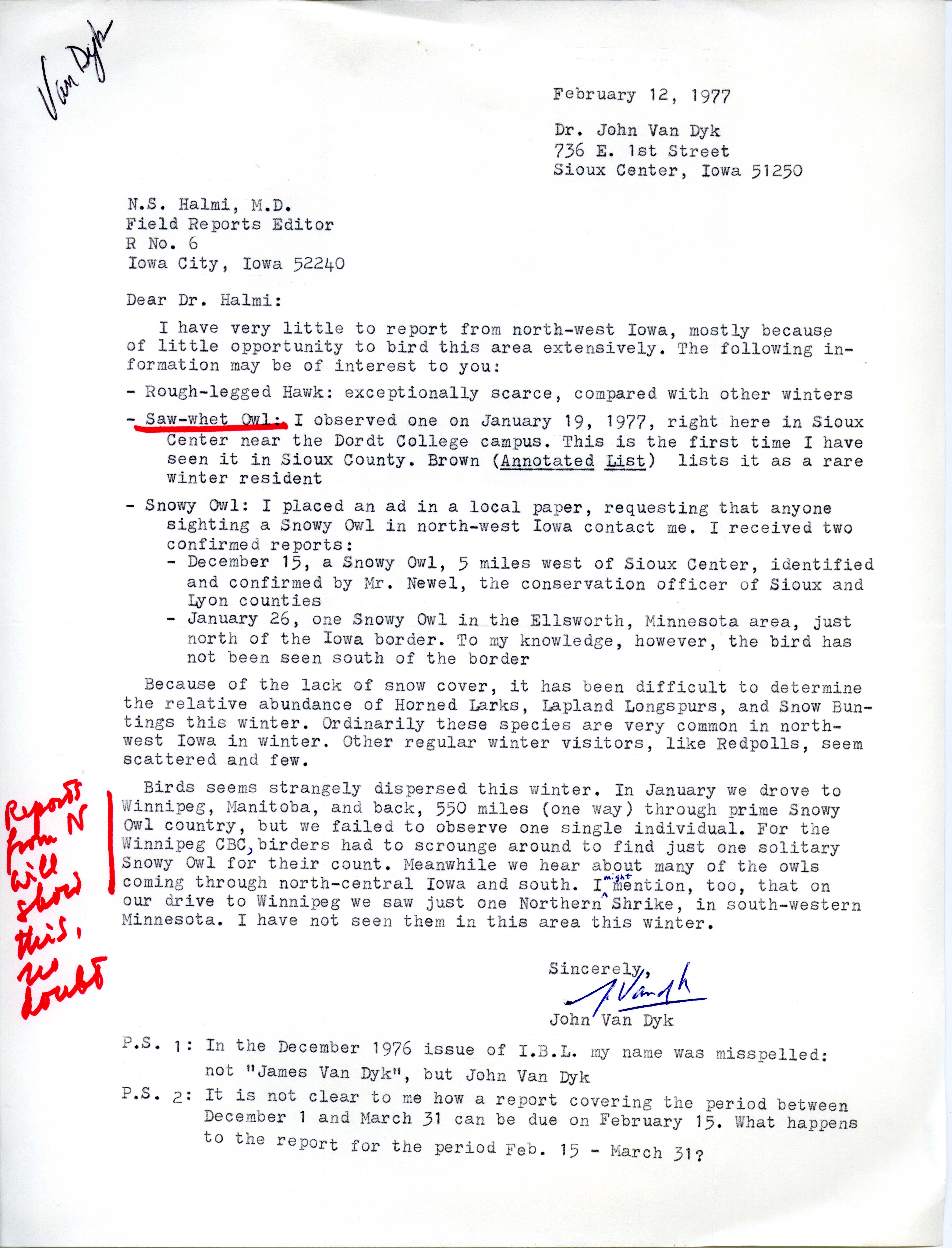 John Van Dyk letter to Nicholas S. Halmi regarding bird sightings, February 12, 1977