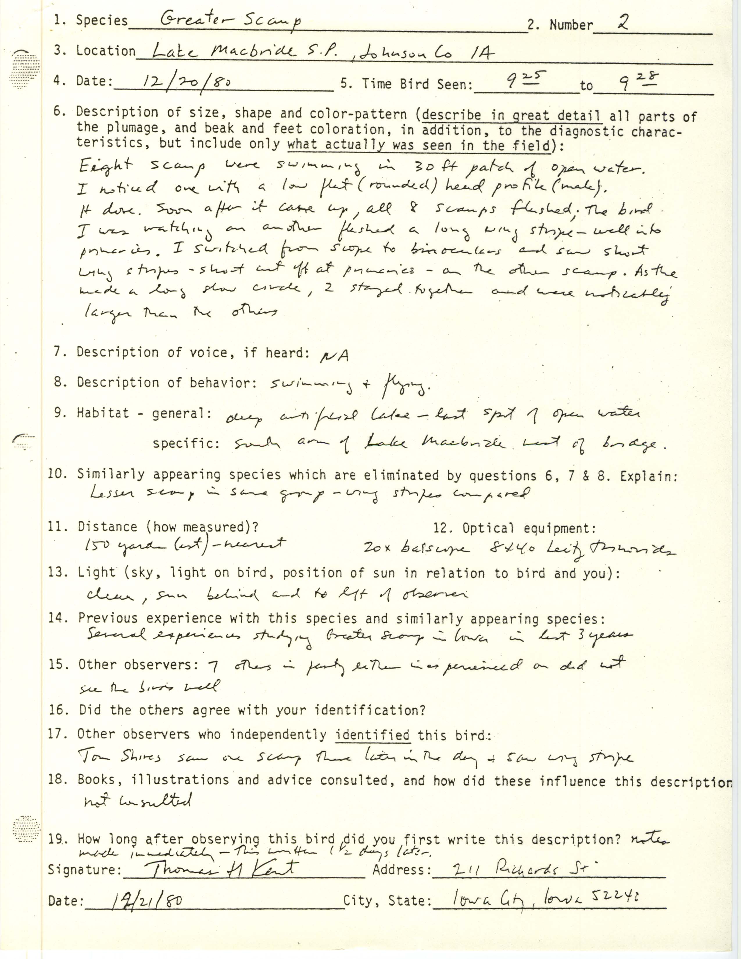 Rare bird documentation form for Greater Scaup at Lake Macbride State Park, 1980