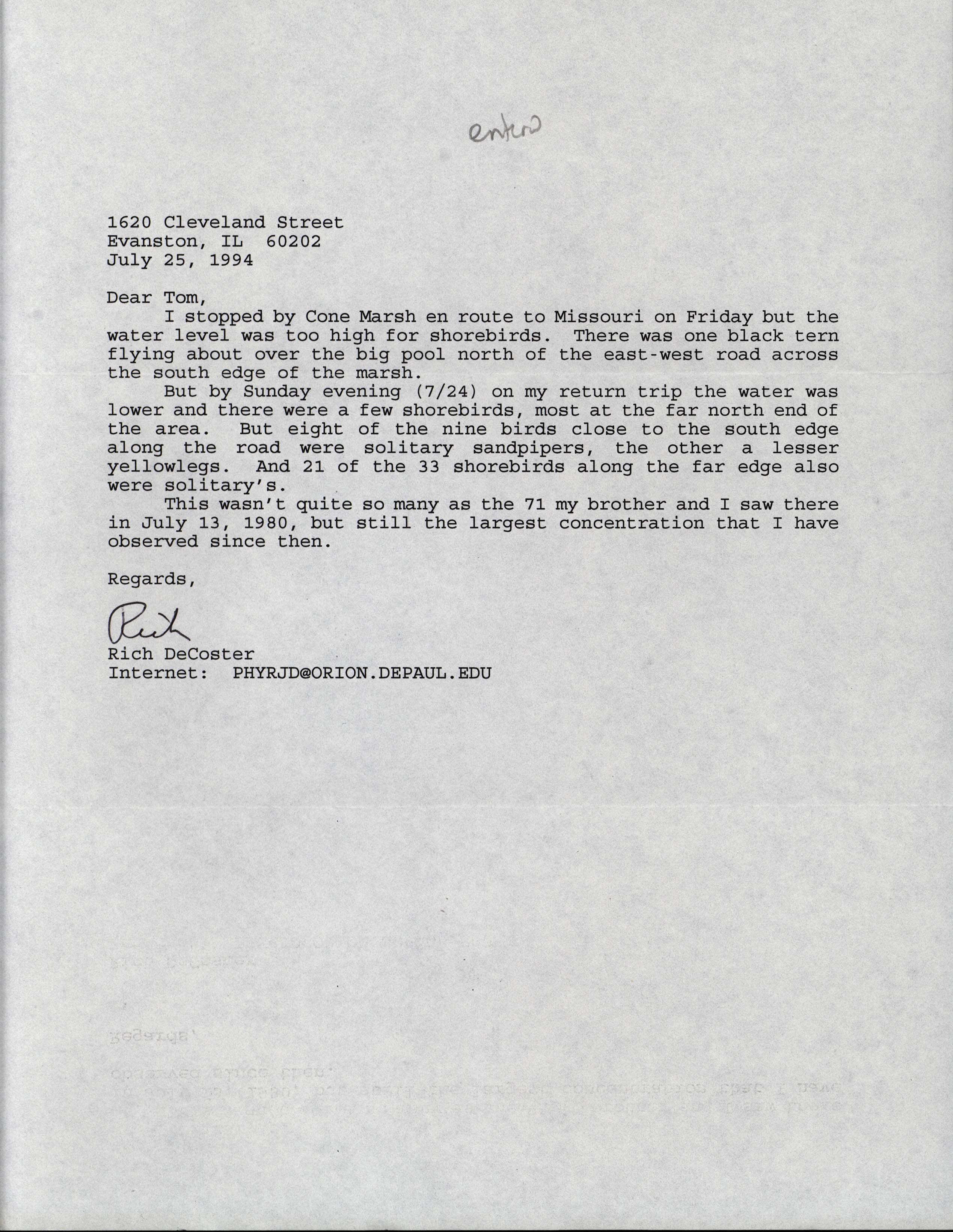 Rich DeCoster letter to Thomas Kent regarding shorebirds at Cone Marsh, July 25, 1994