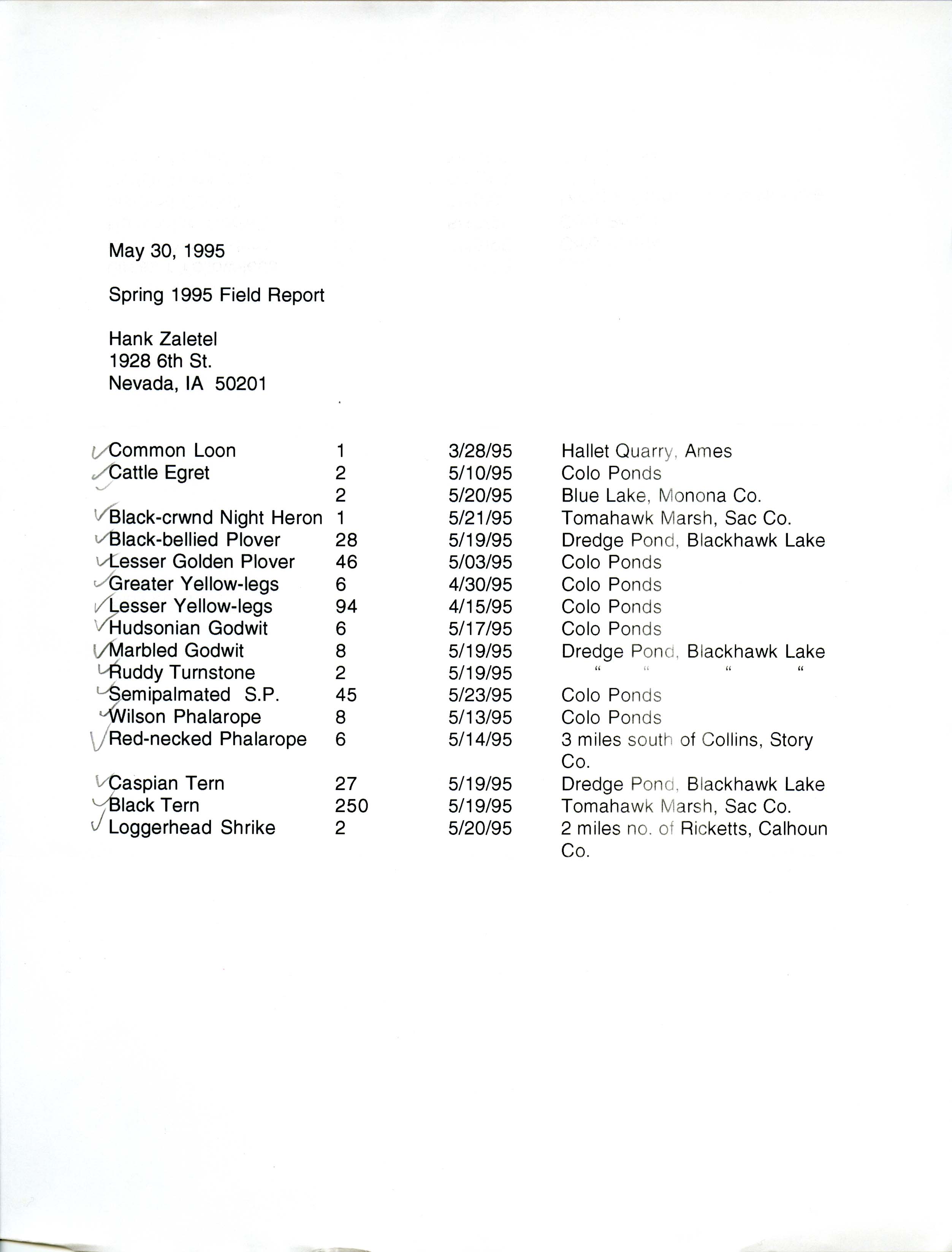 Spring 1995 field report, Hank Zaletel