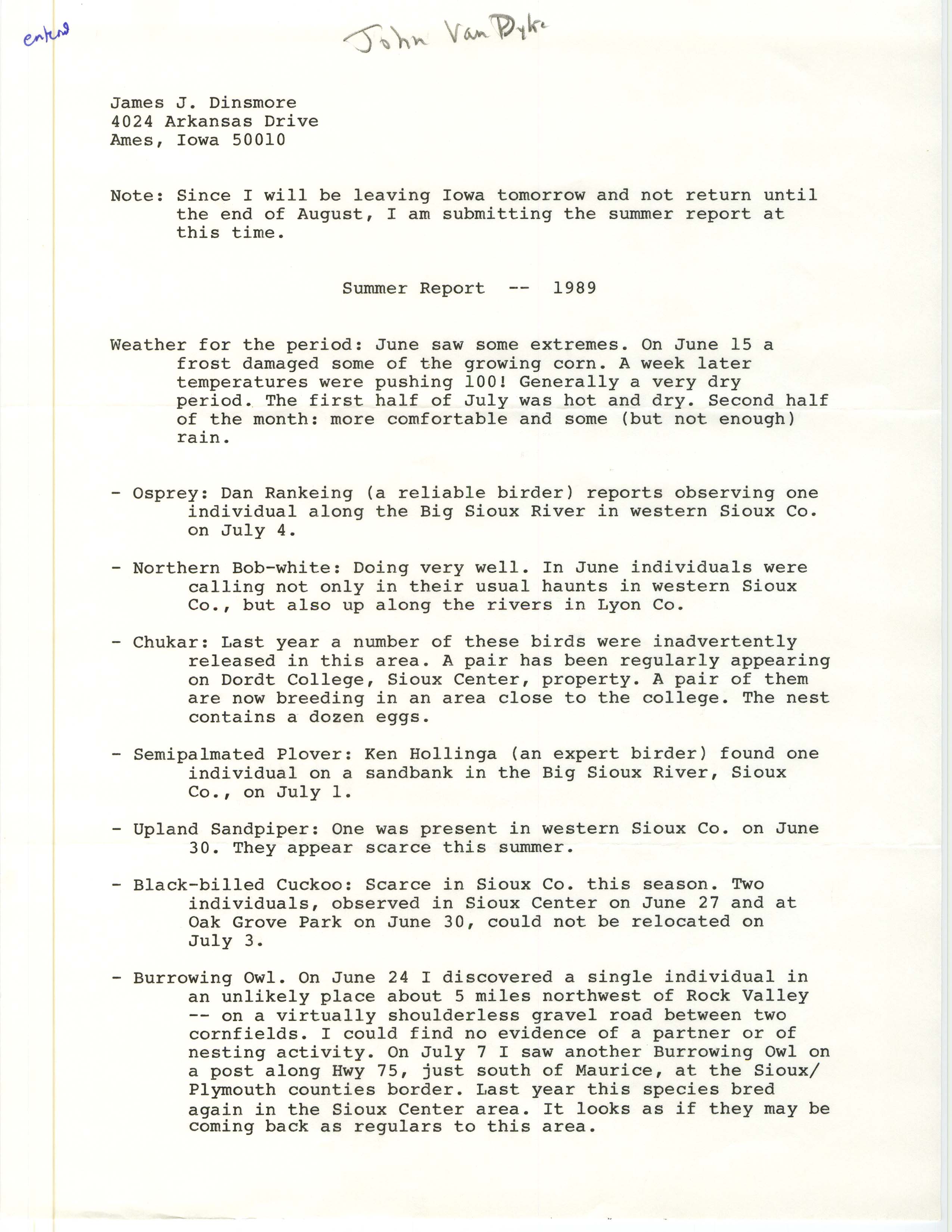 John Van Dyk letter to James J. Dinsmore regarding summer bird sightings, summer 1989