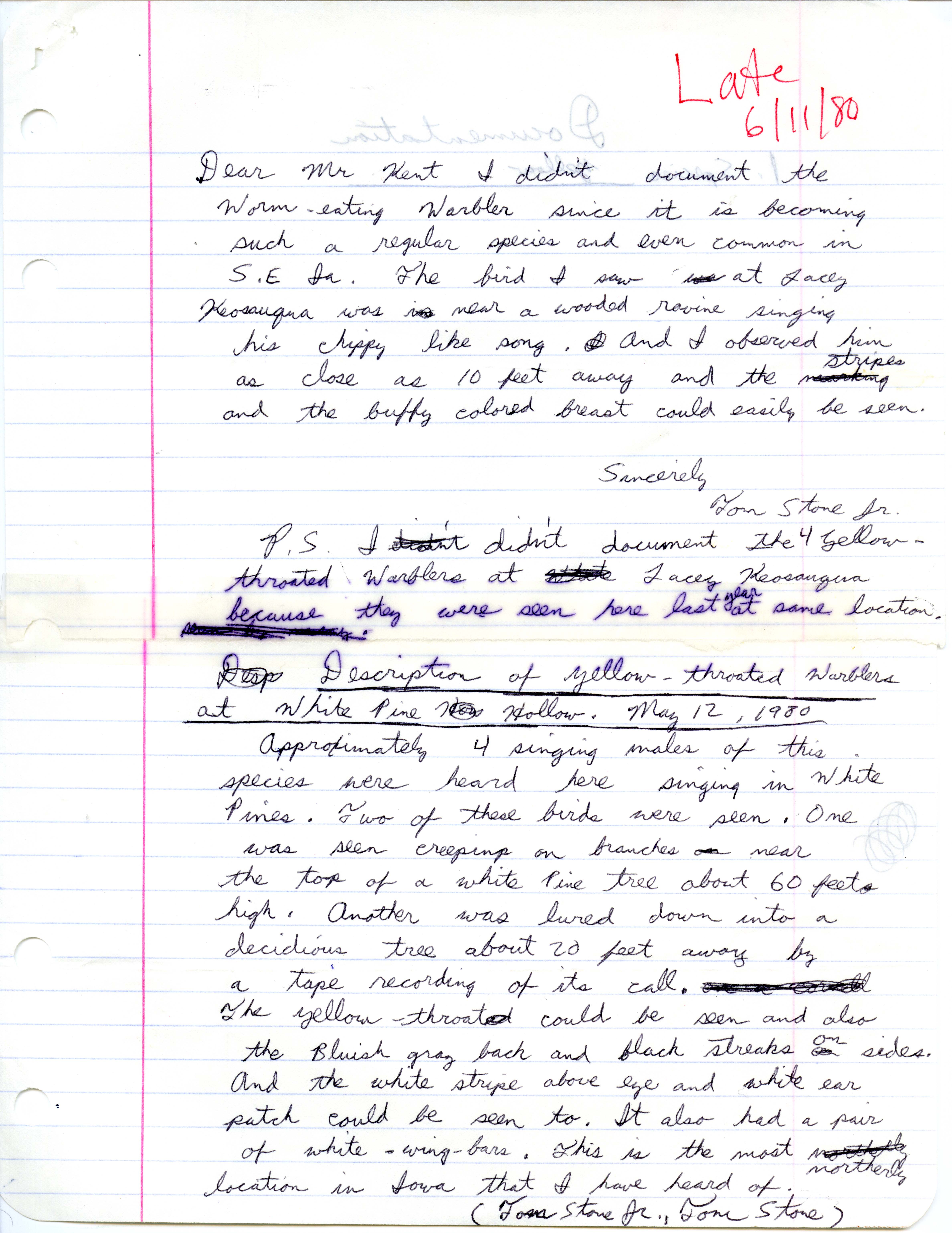 Tom Stone, Jr. letter to Thomas H. Kent regarding bird sightings, spring 1980