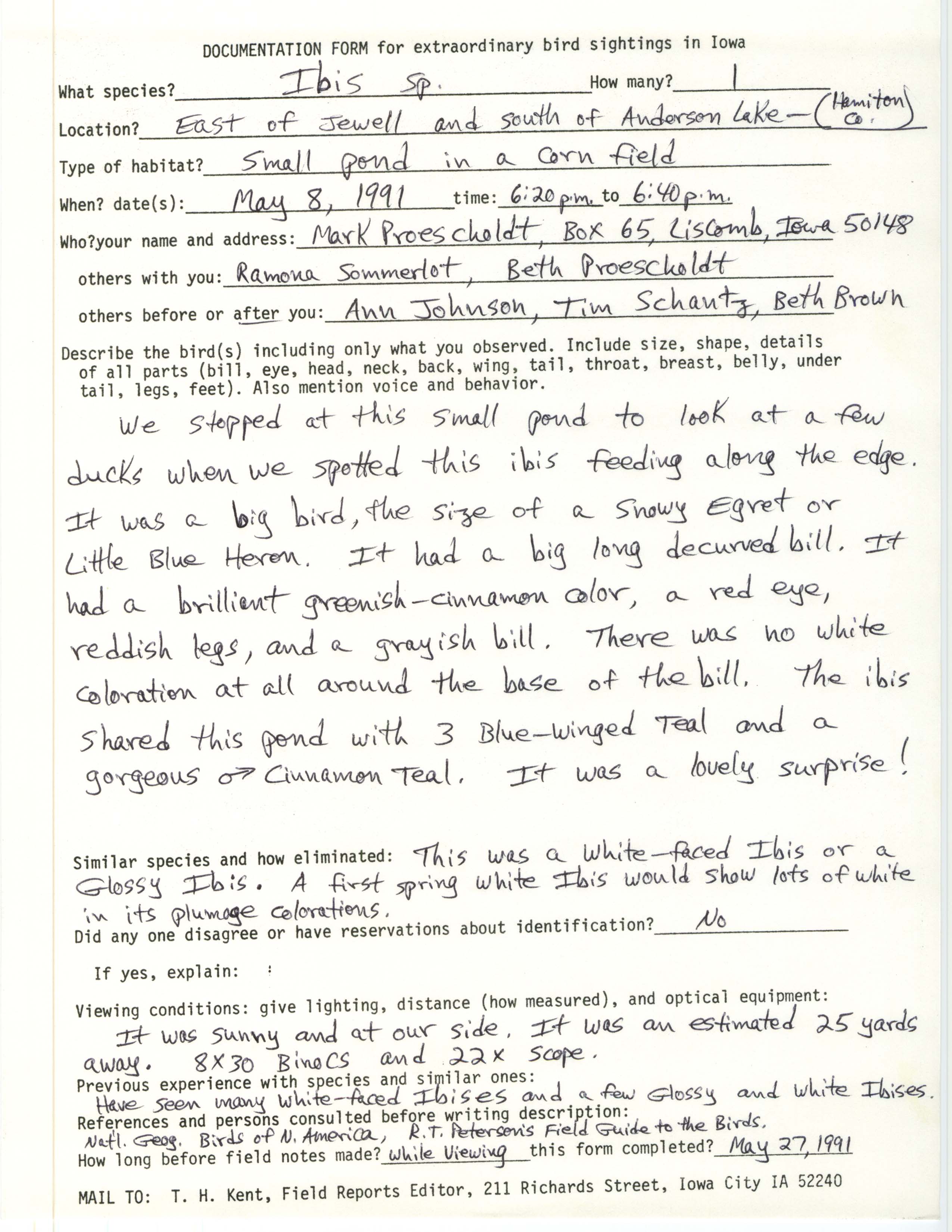 Rare bird documentation form for Ibis species at east of Jewell and south of Anderson Lake, 1991