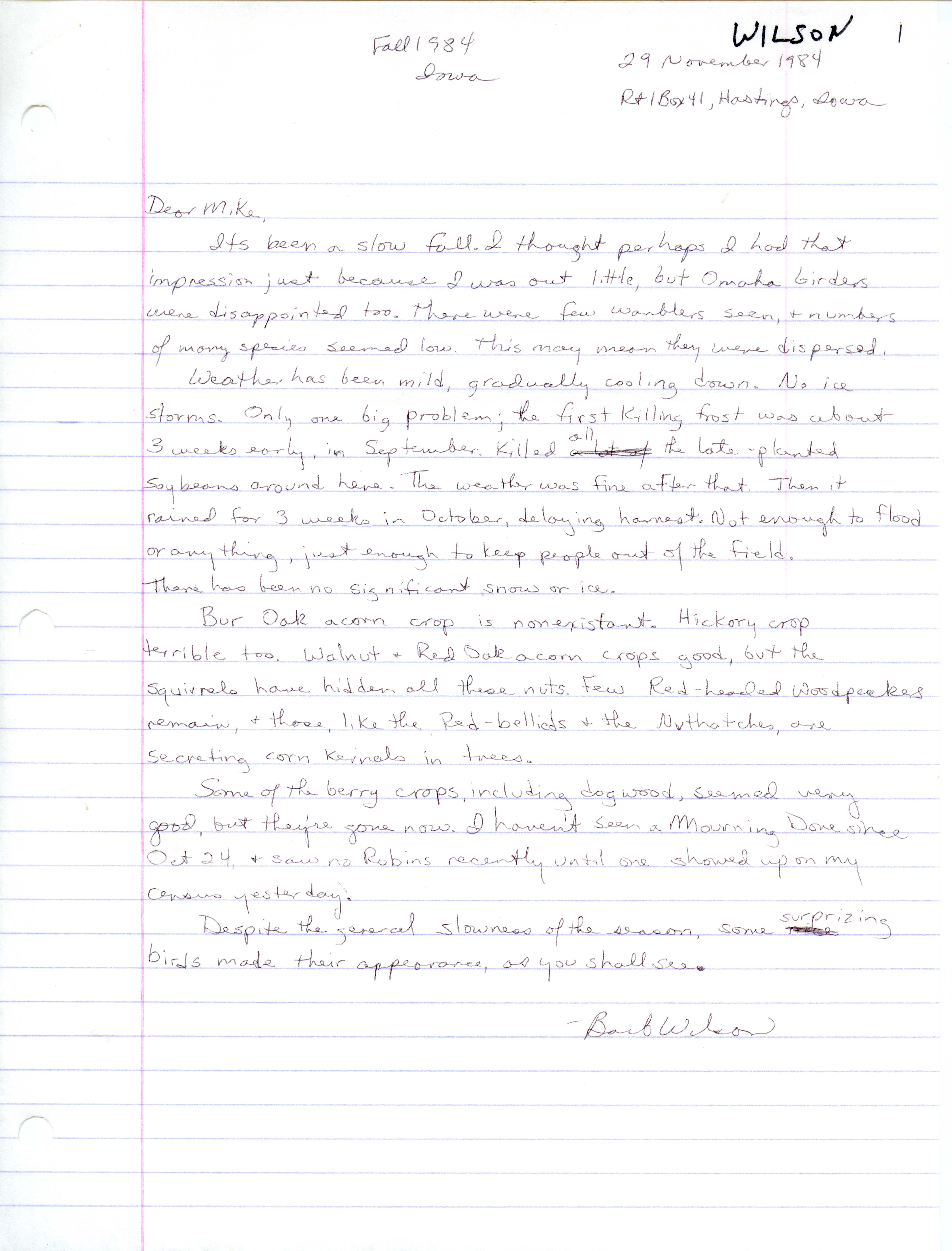 Barbara  L. Wilson letter and field notes to Michael C. Newlon regarding fall 1984 bird sightings, November 29, 1984