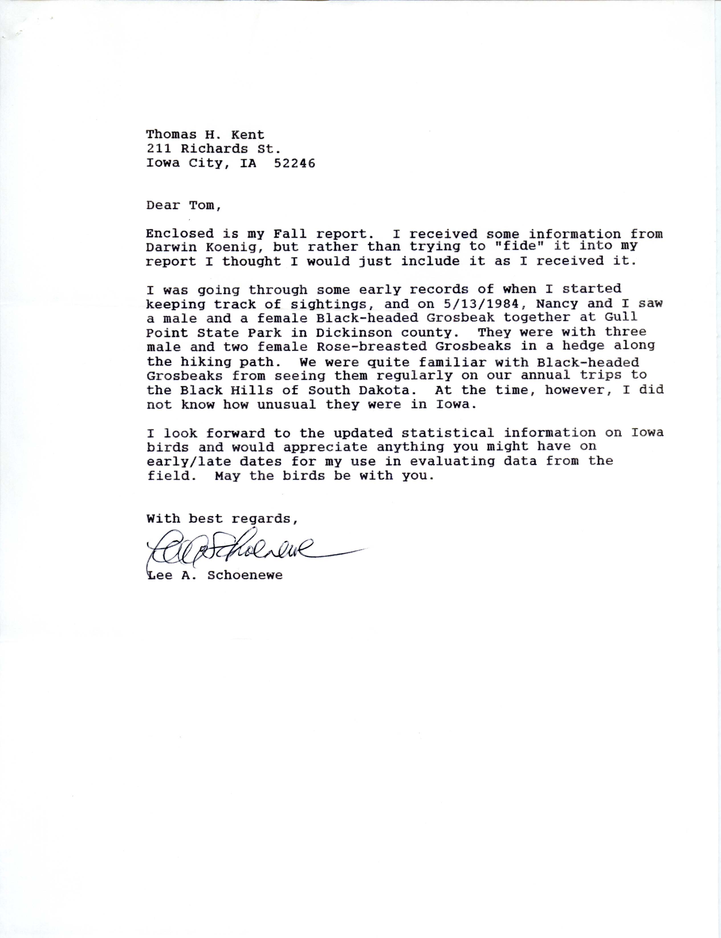 Field notes and Lee A. Schoenewe letter to Thomas H. Kent, fall 1995