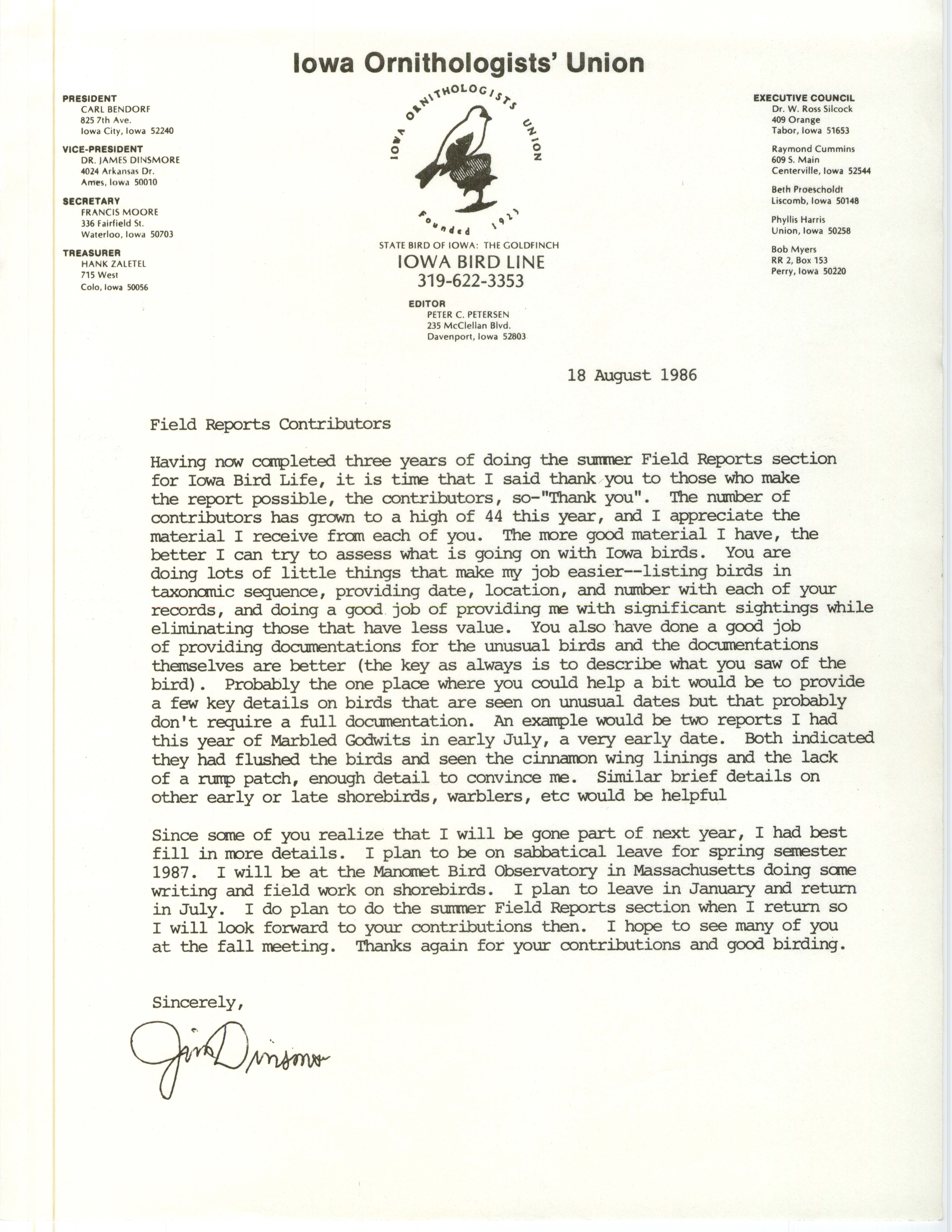 James J. Dinsmore letter to field report contributors regarding field reports, August 18, 1986