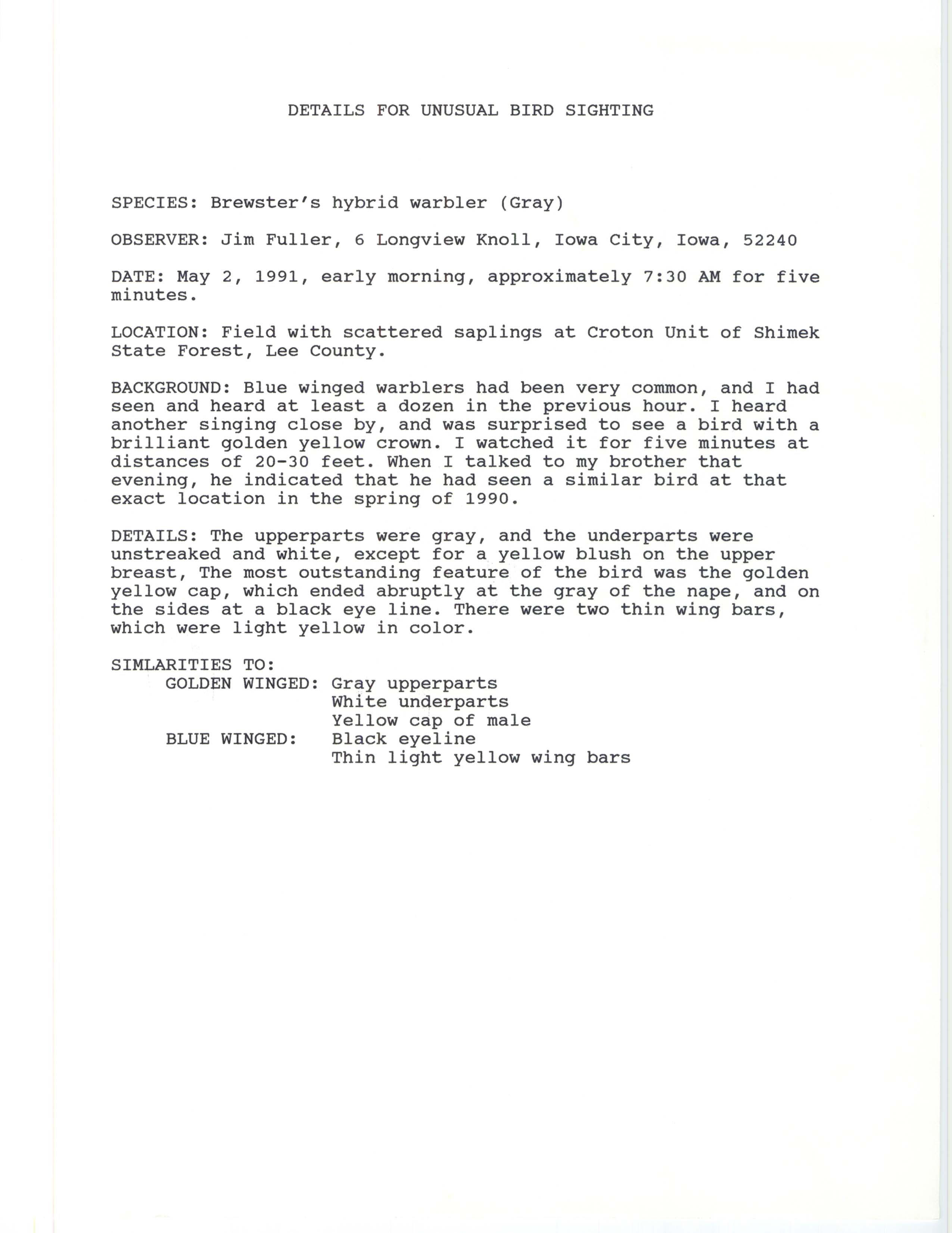 Rare bird documentation form for Bewster's Warbler at the Croton Unit of Shimek State Forest, 1991