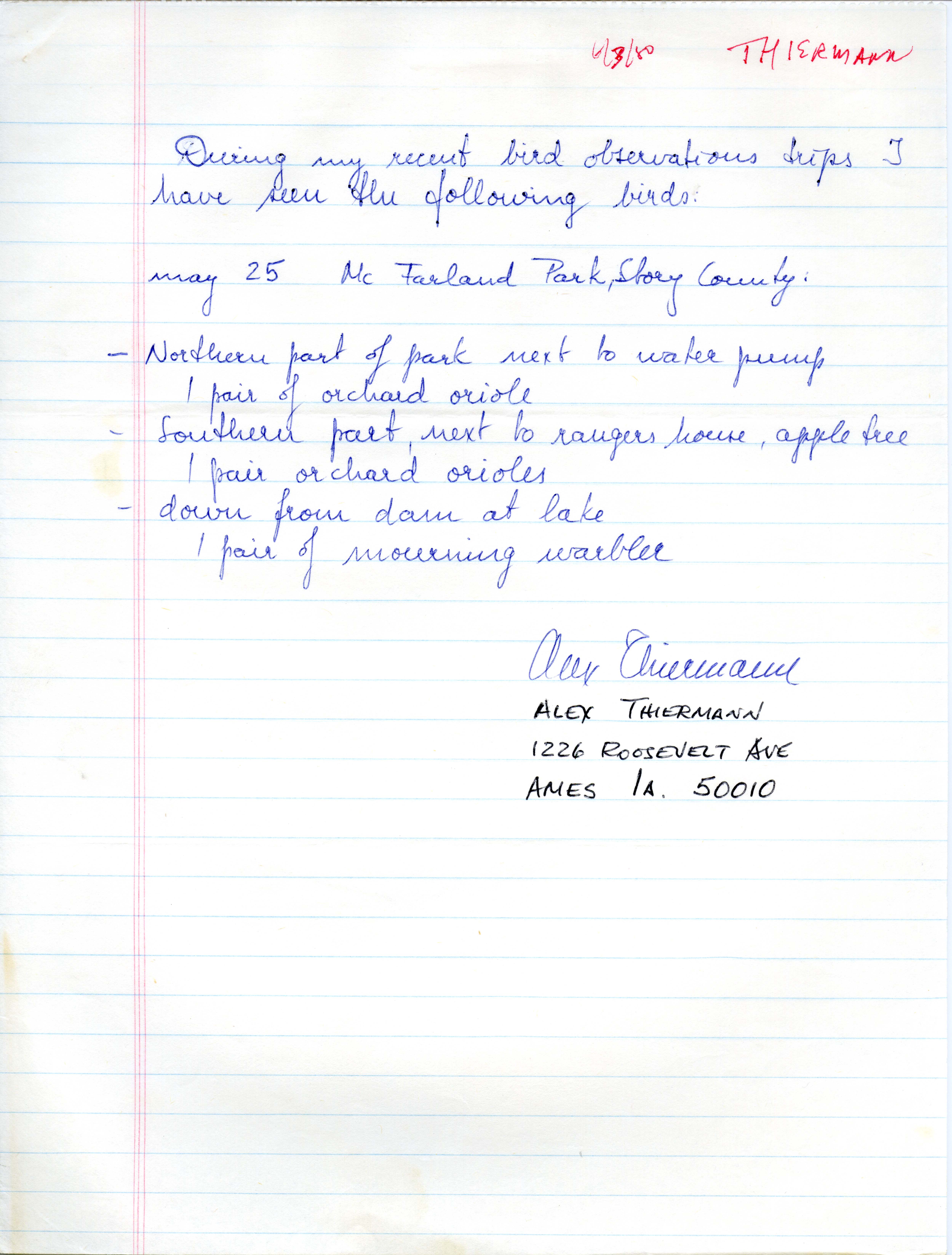 Field notes contributed by Alex Thiermann, spring 1980