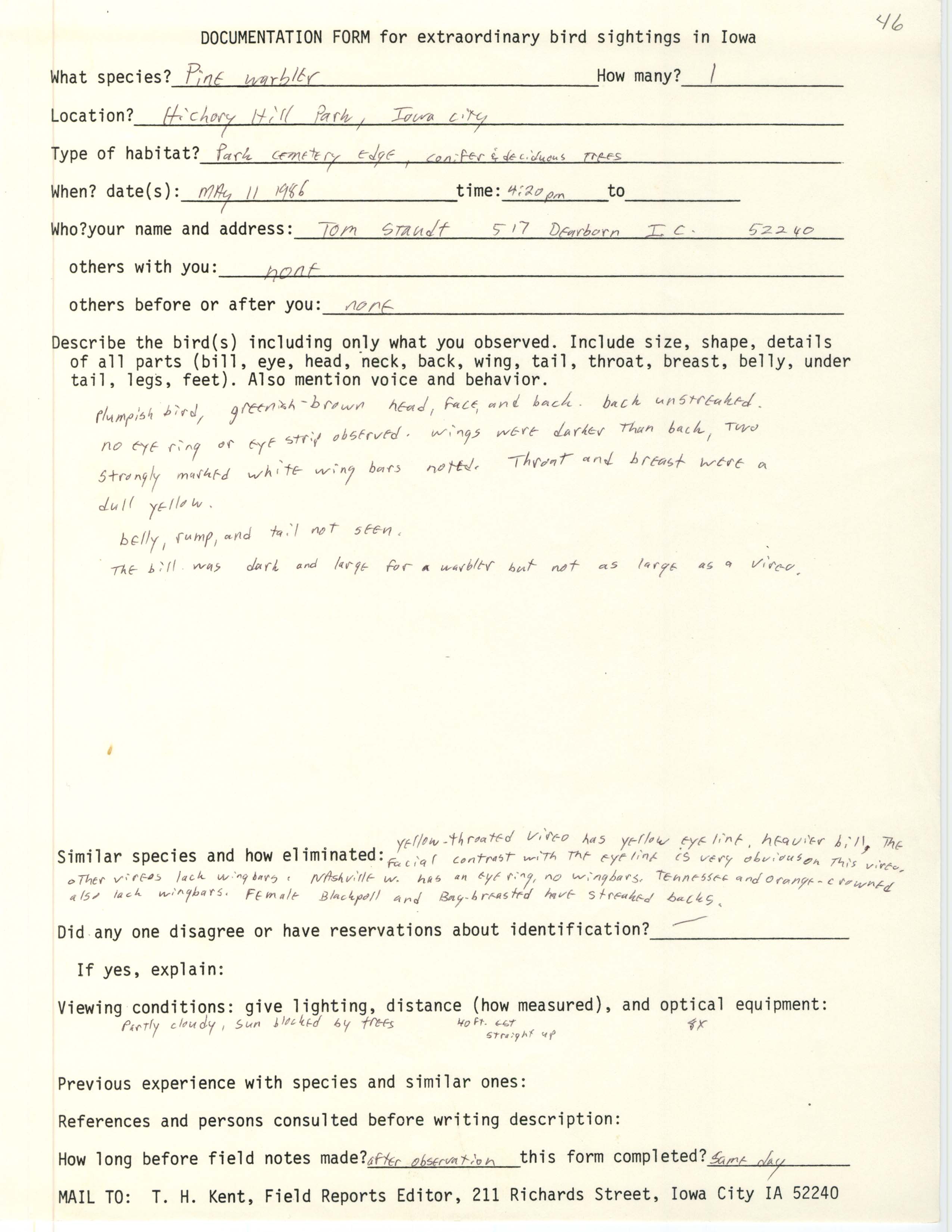 Rare bird documentation form for Pine Warbler at Hickory Hill Park in Iowa City, 1986