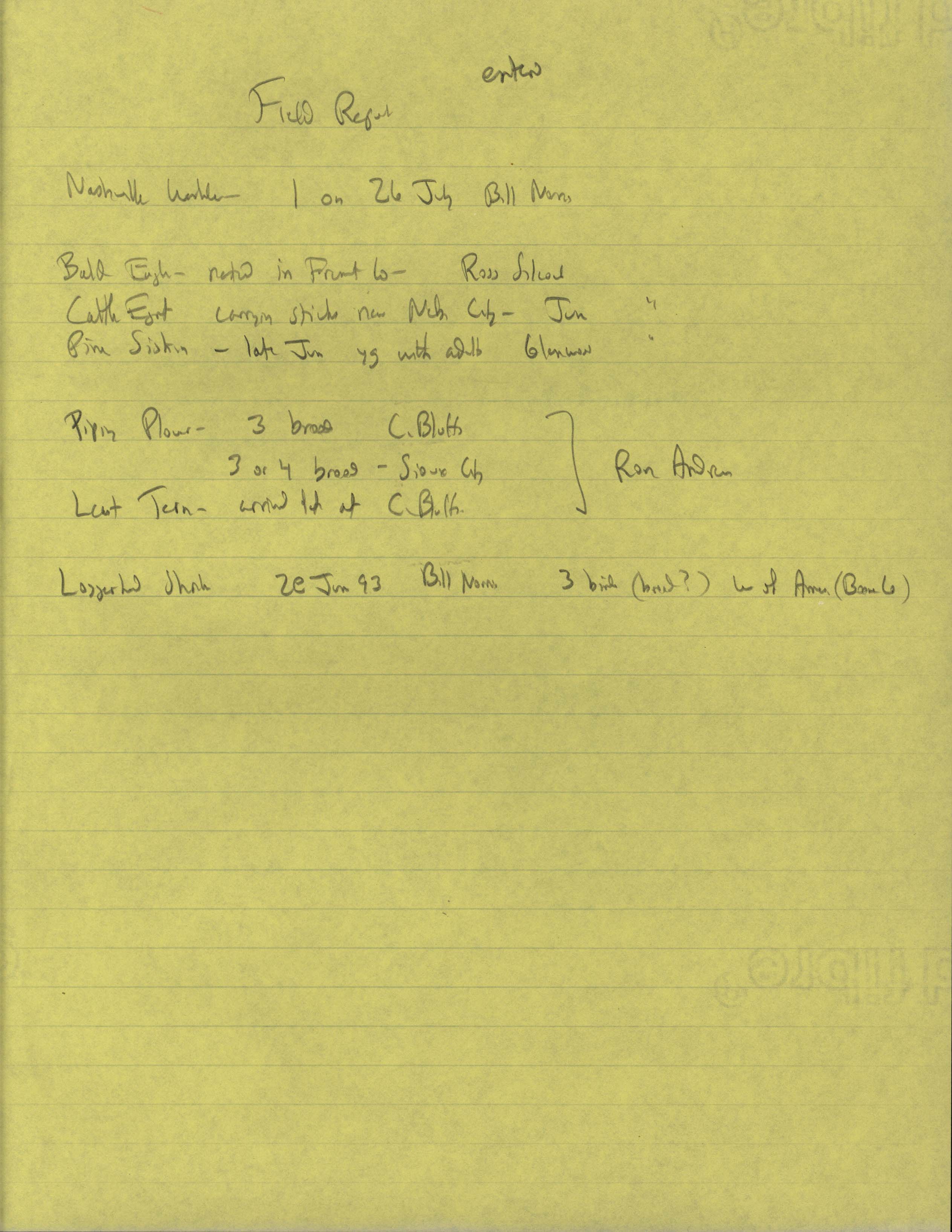 Field notes contributed by multiple observers, summer 1993