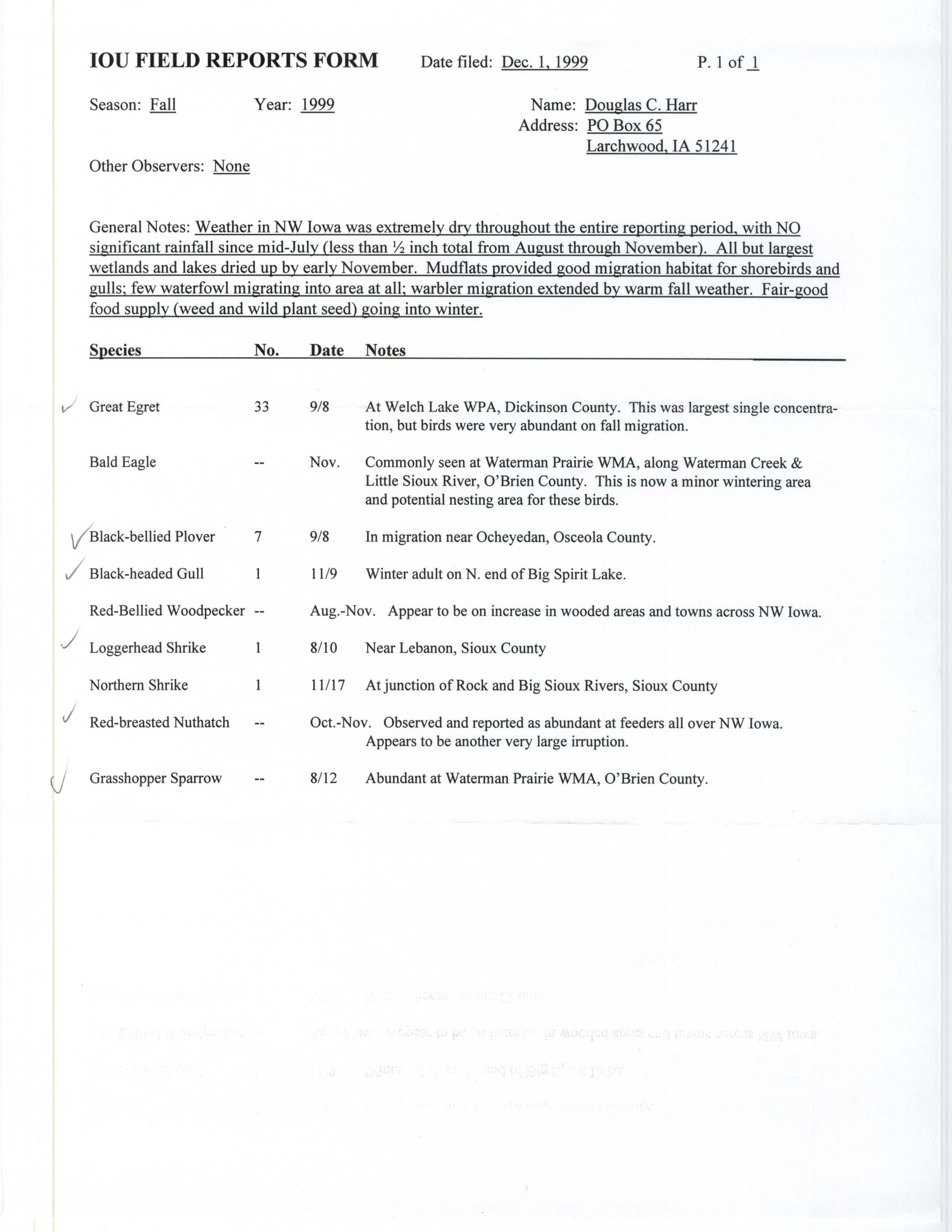 IOU field reports form, fall 1999, Douglas Harr