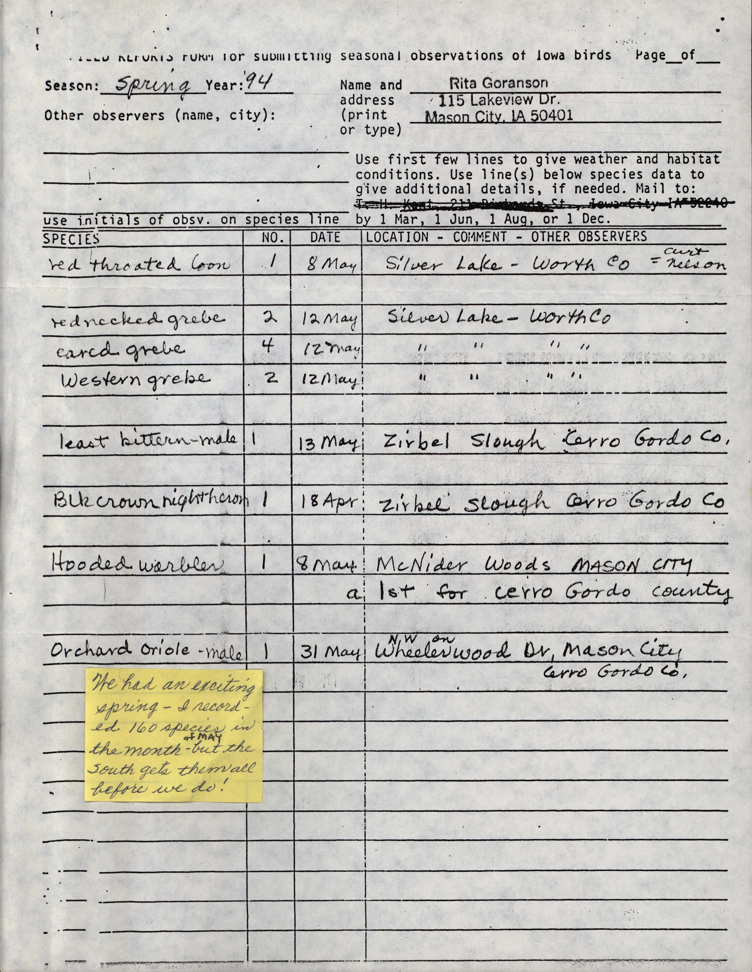 Field reports form for submitting seasonal observations of Iowa birds, Rita Goranson, Spring 1994
