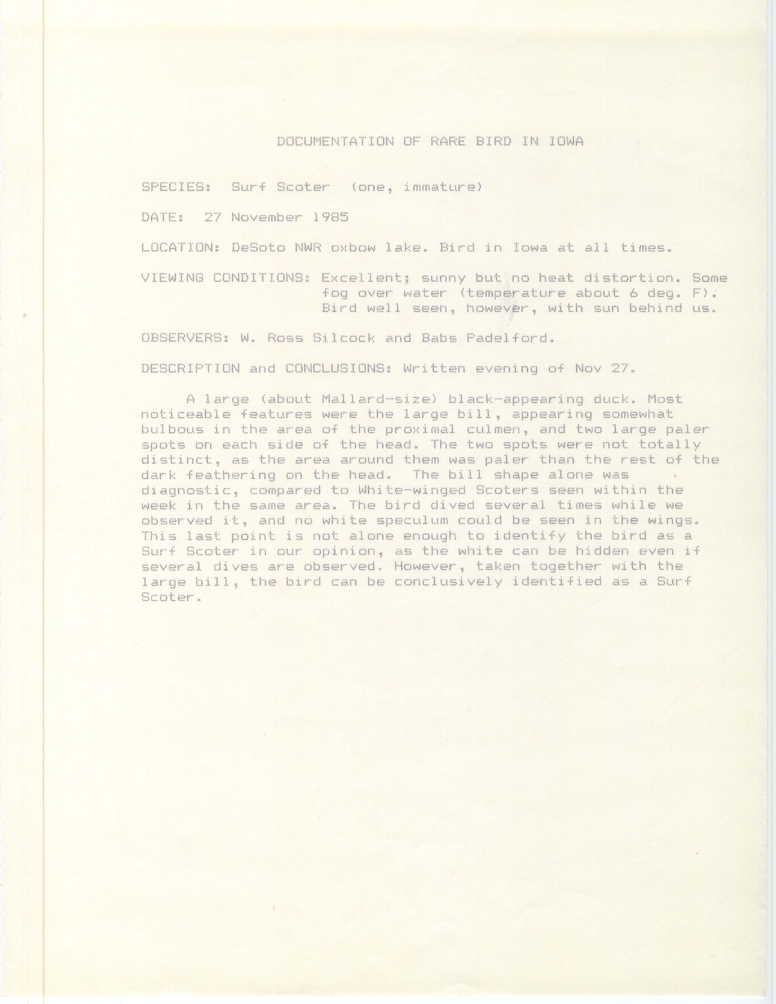 Rare bird documentation form for Surf Scoter at DeSoto National Wildlife Refuge in 1985