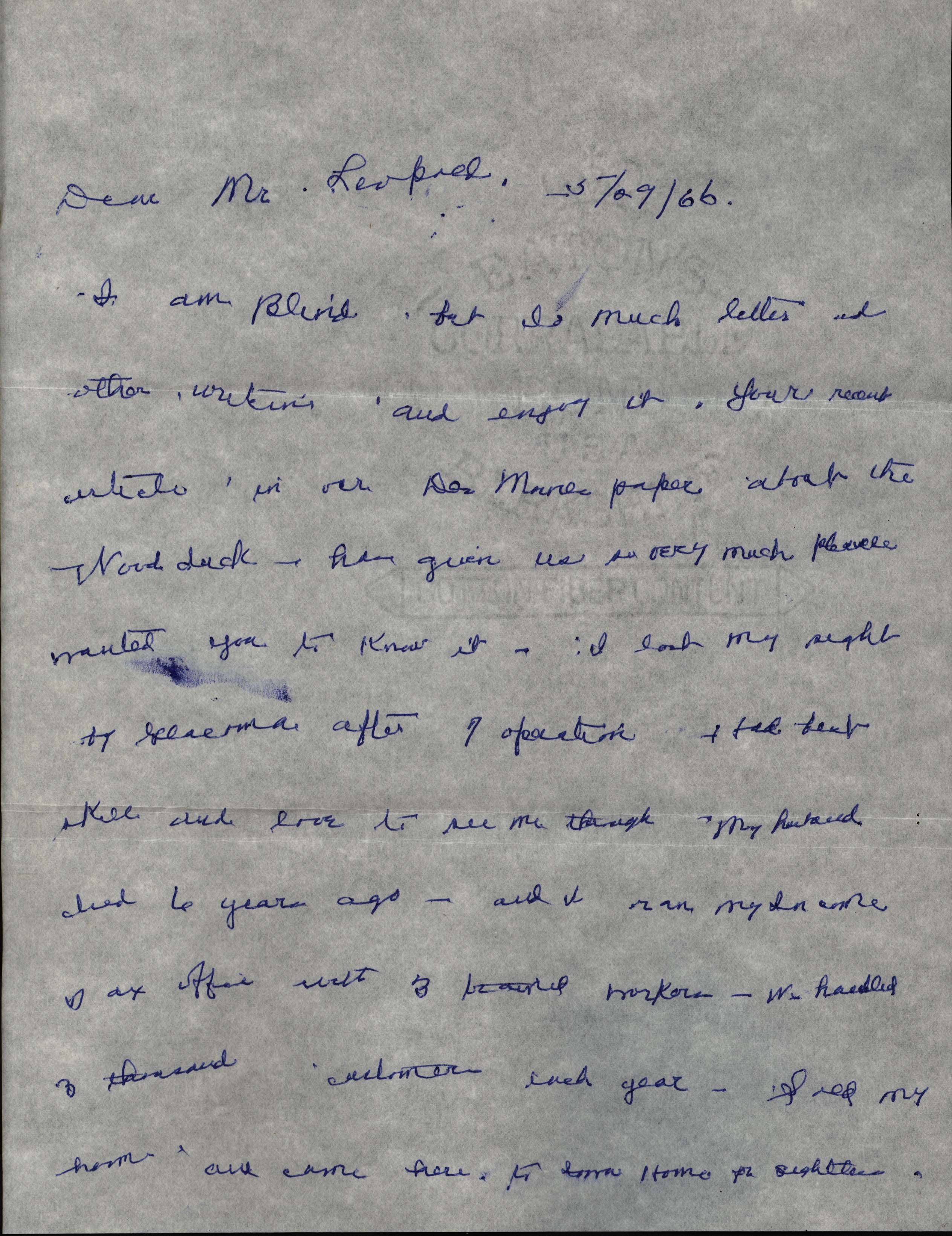Sue L. Schroder letter to Frederic Leopold regarding Wood Ducks, May 29, 1966